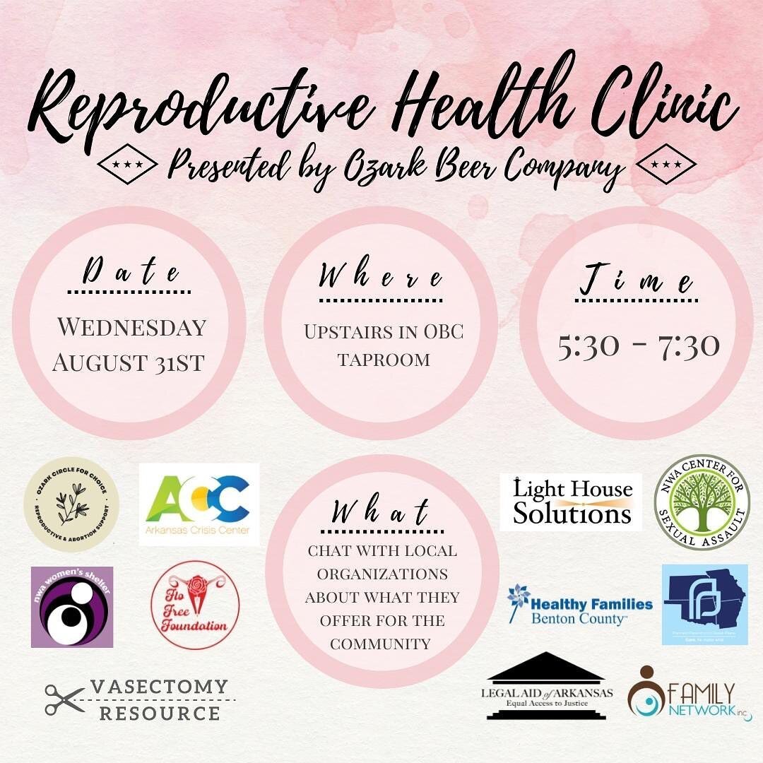 We are so honored to be included in the reproductive health clinic at @ozarkbeer along with other important community resource groups! 
Join us next Wednesday, August 31st at Ozark Beer Company in Rogers. 
Enjoy a beer and chat or just come to see wh