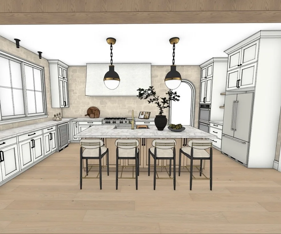 Can't get enough of this stunning Modern French Provincial kitchen design in our latest custom new build in Atlanta!

The design boasts French inspired texture with stone walls, custom 8 foot plaster hood and rough sawn beams while mixing in some mod