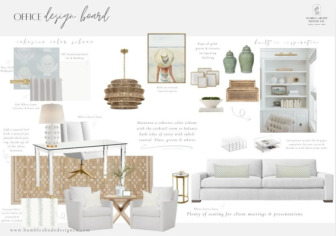 Ringing in the weekend with this beautiful modern coastal office design! Excited to see this room come to life featuring custom upholstered accent chairs, pale blue sisal wallpaper and a wall full of floor to ceiling custom built-ins ✌🏼