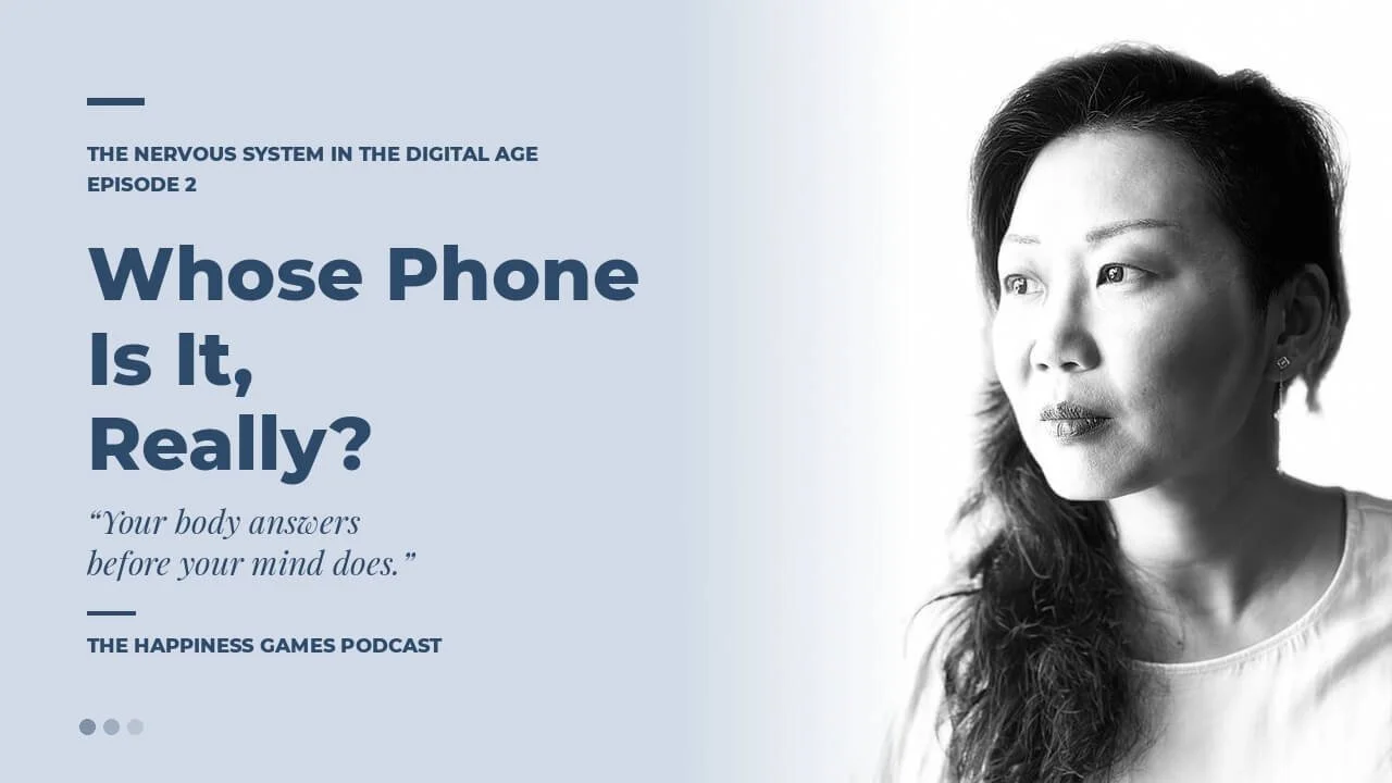 Black and white portrait of somatic couples therapist Yi Zhao Martins beside the episode title "Whose Phone Is It, Really?" — exploring location sharing and the nervous system in couples