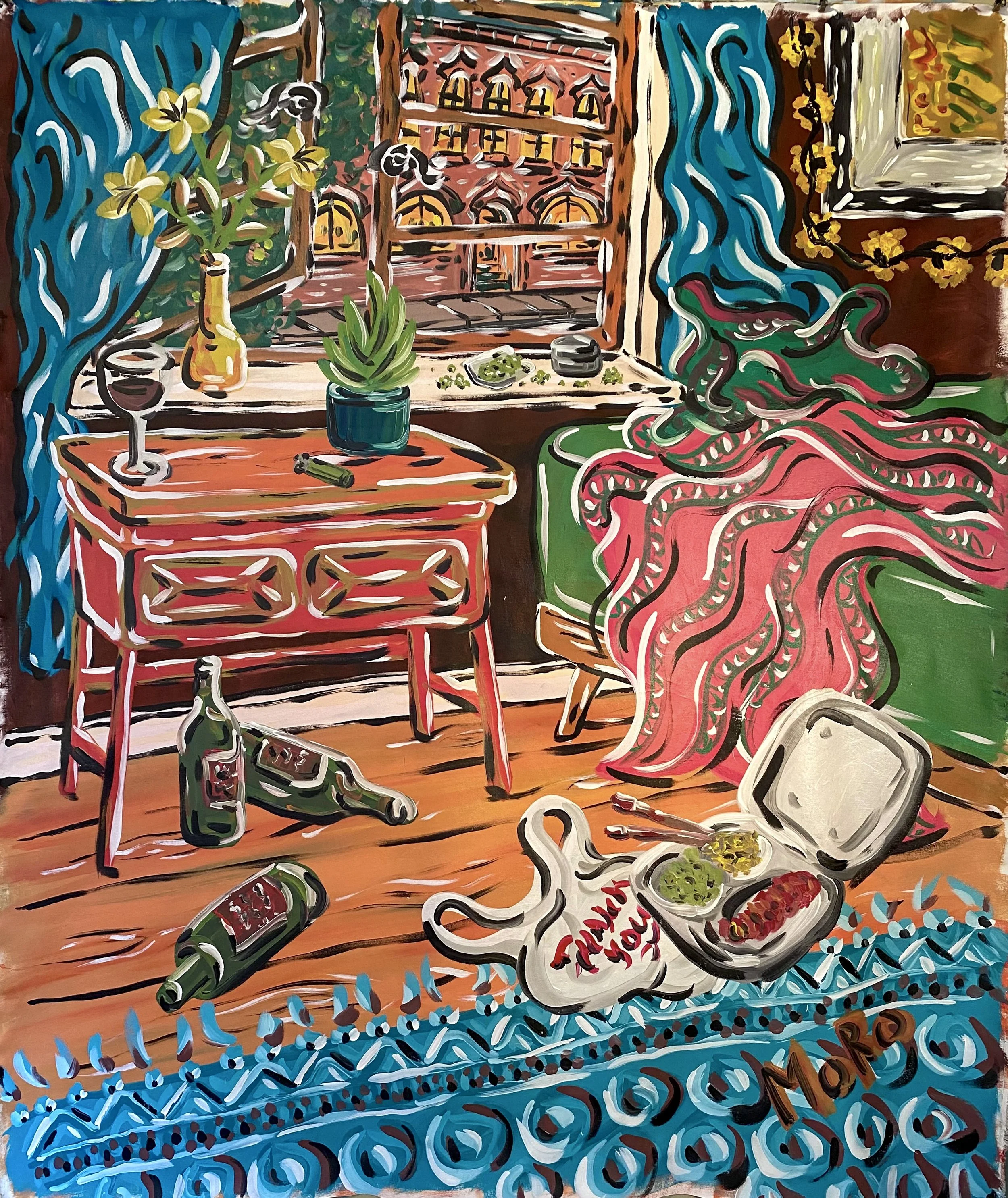 Thank You Local Take Out, 72x60" unframed, acrylic on canvas, 2021, $1900 (will come framed)