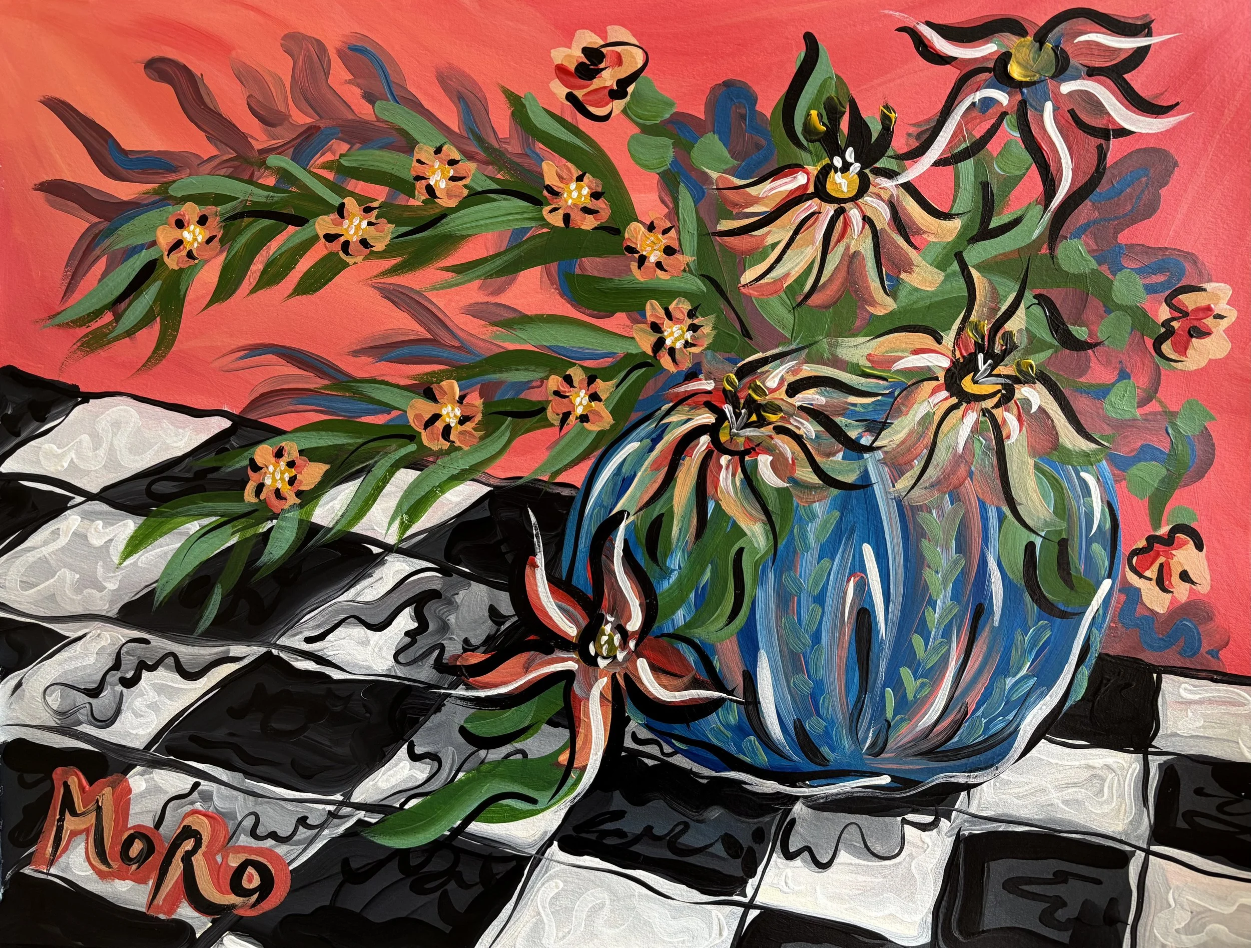 Pink Patio Perennials, 2025,
18x24" acrylic on paper, framed to 22x28",
$400 framed