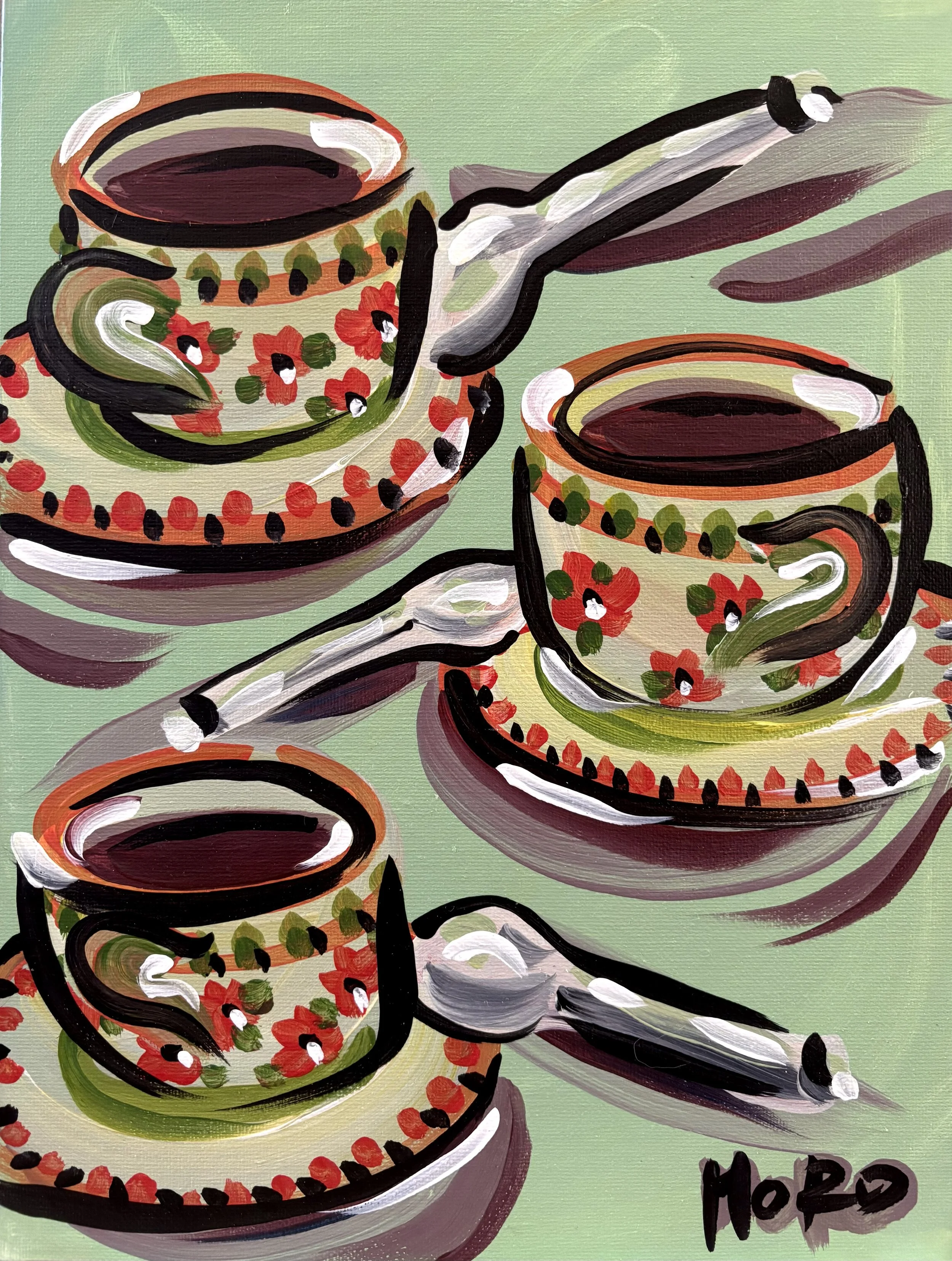 ON SALE Tea Time, 9x12", acrylic on canvas panel, 2026, $150 framed, framed to 12 x 16"
