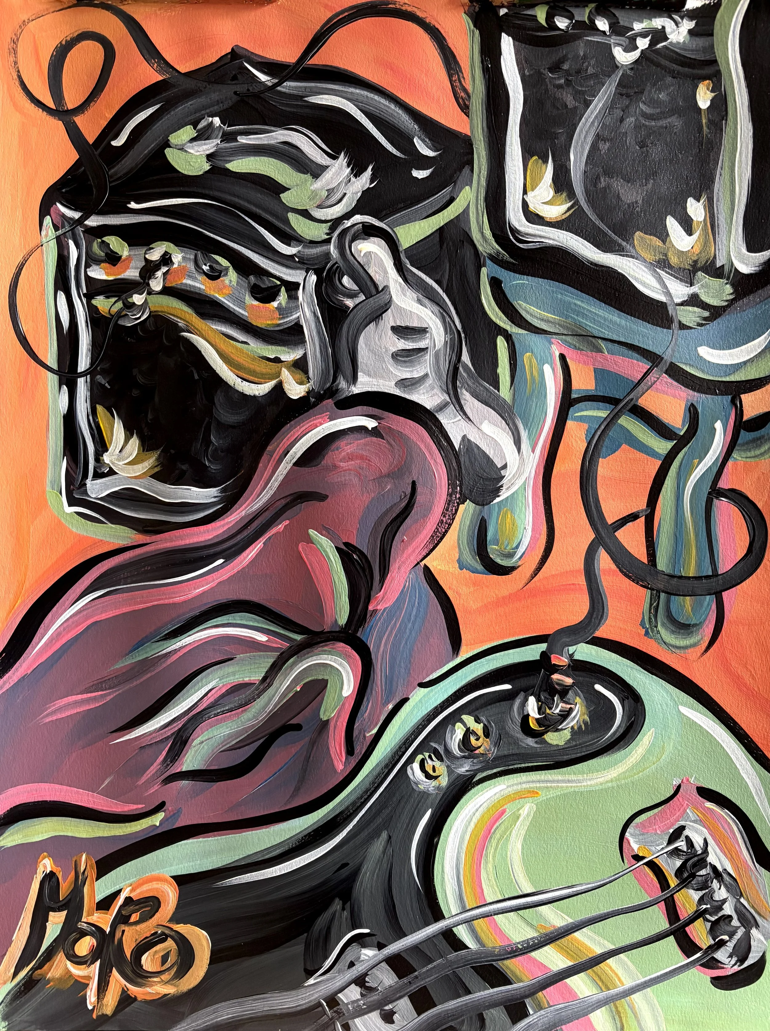 ON SALE Sloppy Slappa Bass Bounce, 18x24", acrylic on paper, 2026, $300 framed, framed to 22x28"