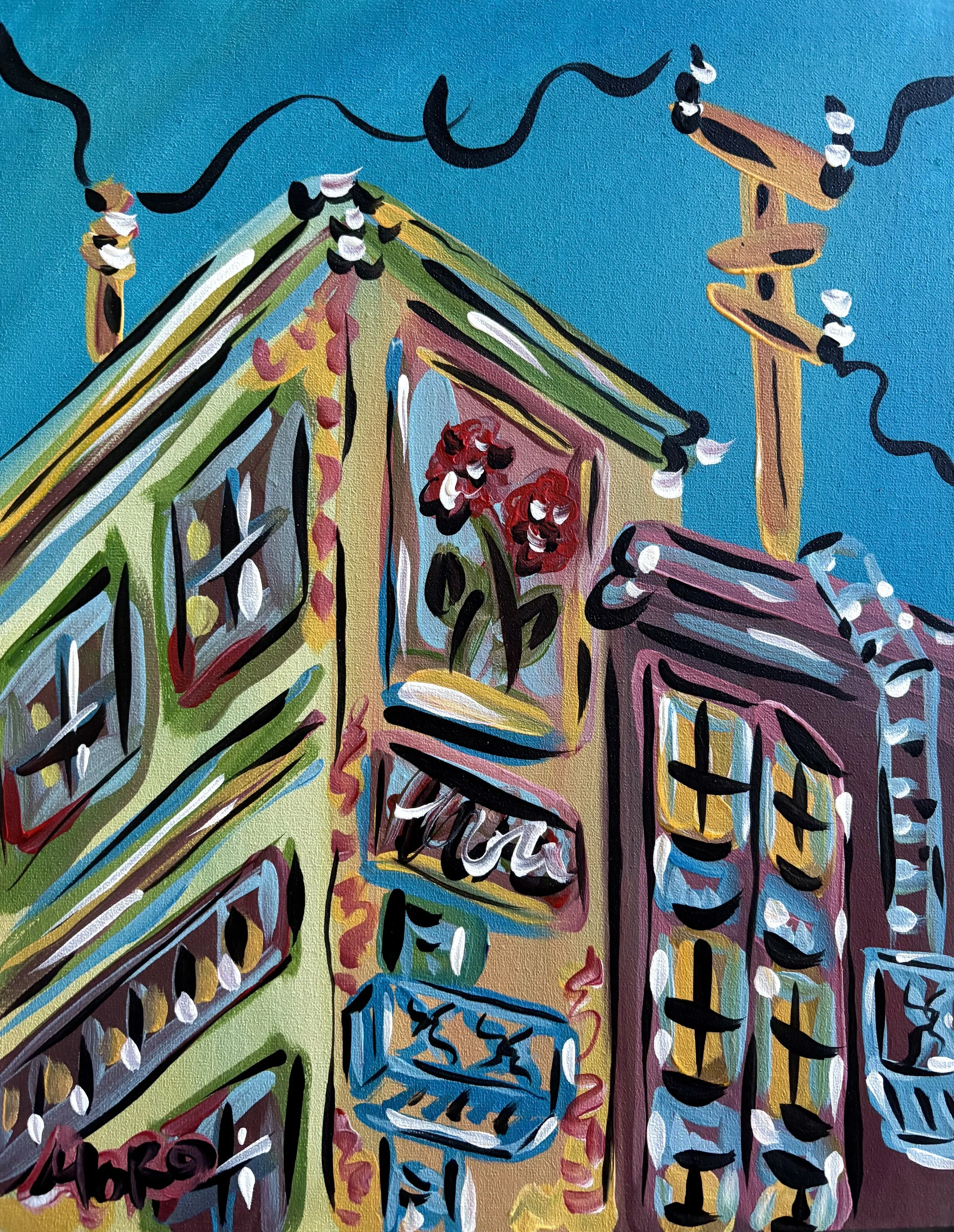 SOLD - Rooftop Rental, 11x14", 2026, acrylic on panel, $300, framed to 16x20"