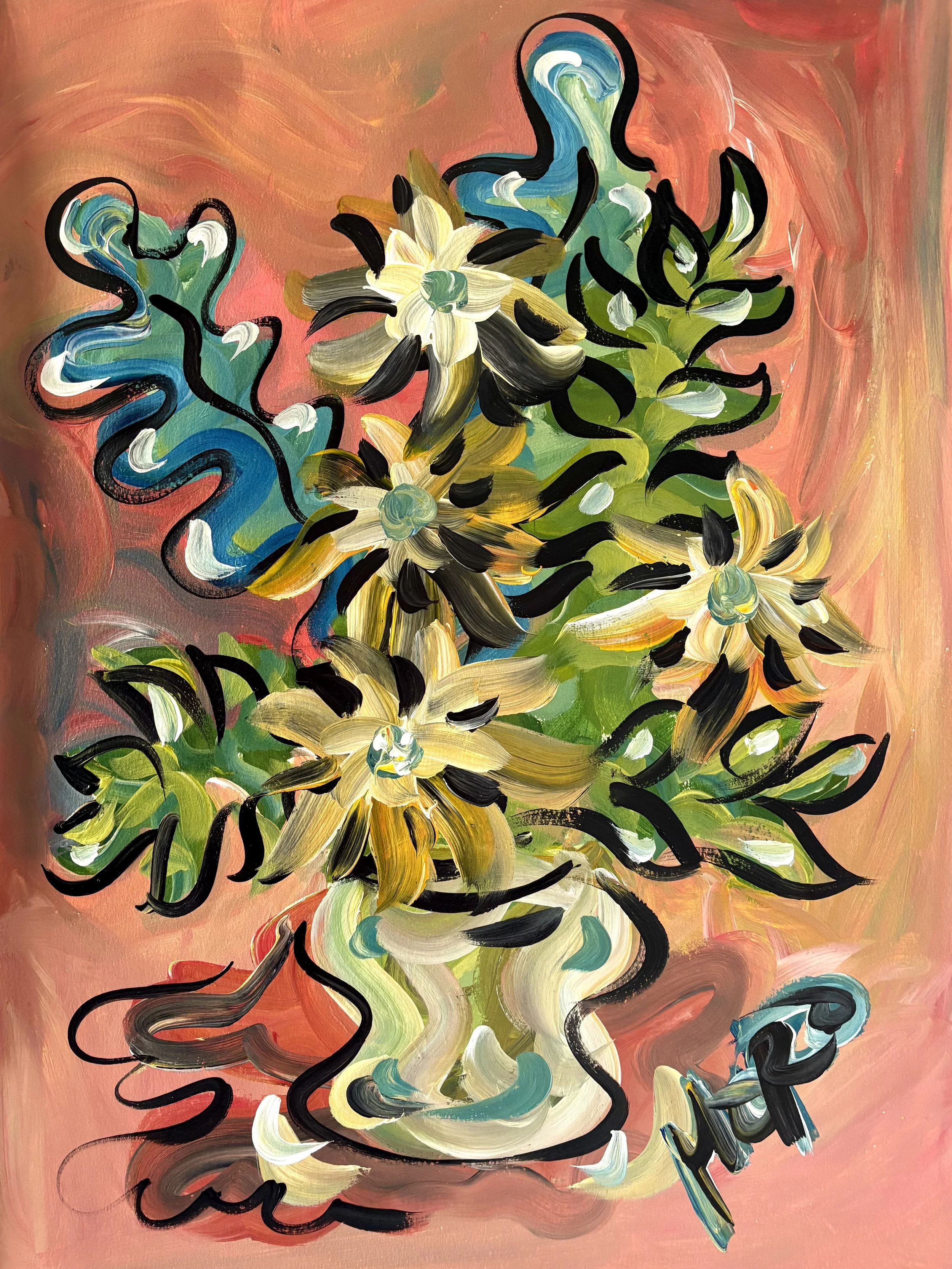 Petit Bouquet, 2025,
18x24" acrylic on paper, framed to 22x28",
$400 framed