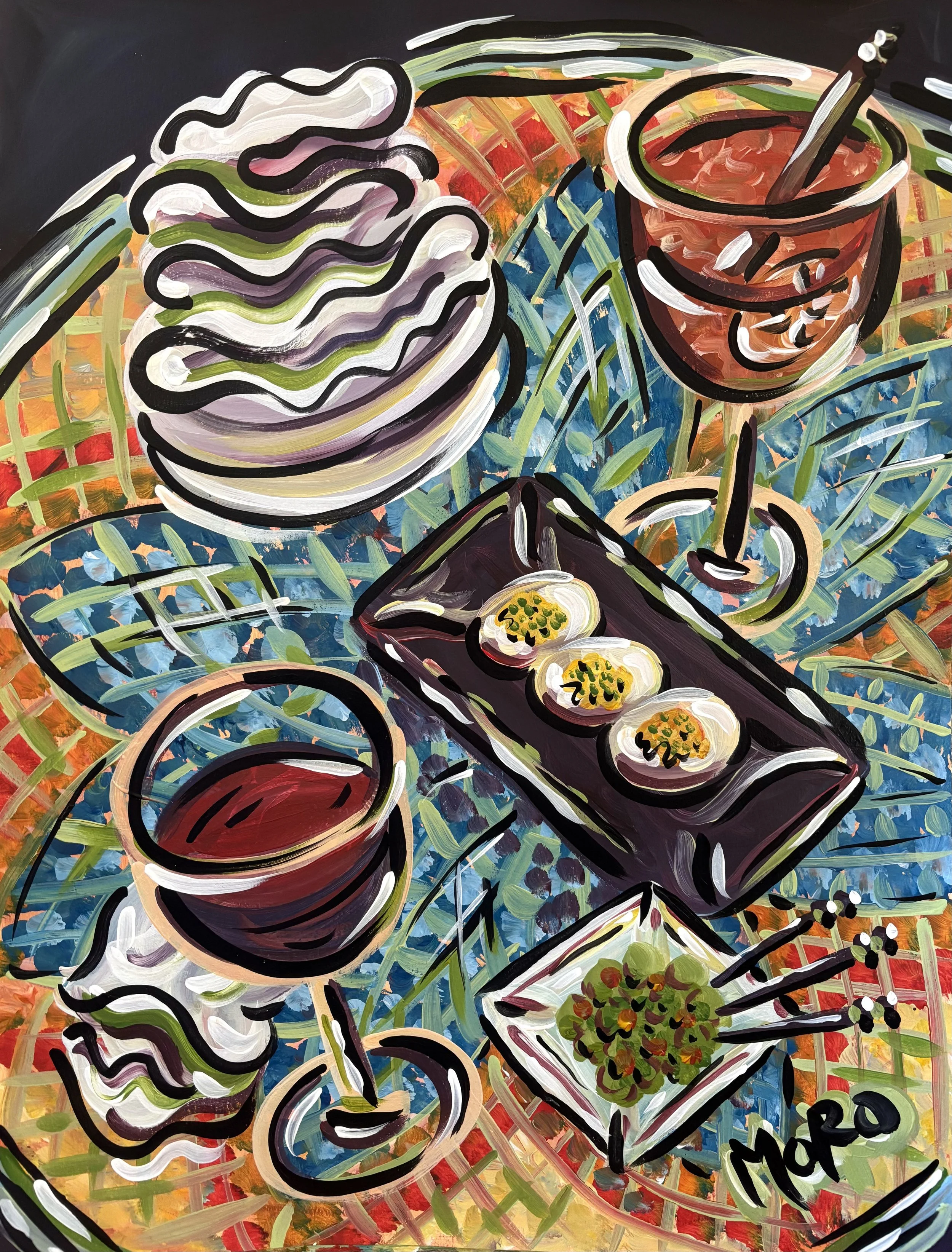 Never Bummed at a Bistro, 18x24", acrylic on paper, 2026, $400 framed, framed 22x28"