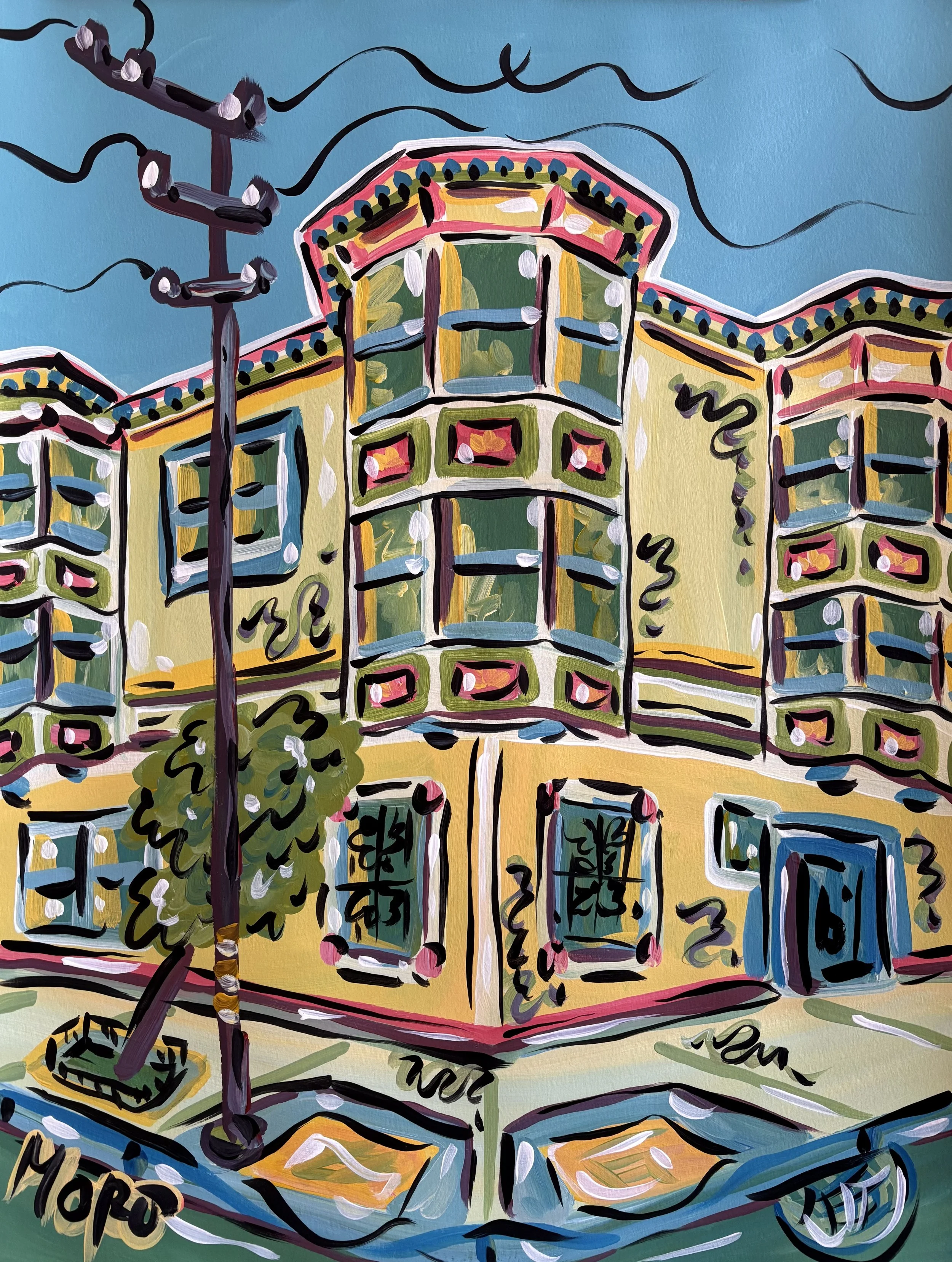 Shrader and Grattan, SF,  Mo Mappin Series, 18x24", acrylic on paper, 2026, $400 framed, framed to 22x28"