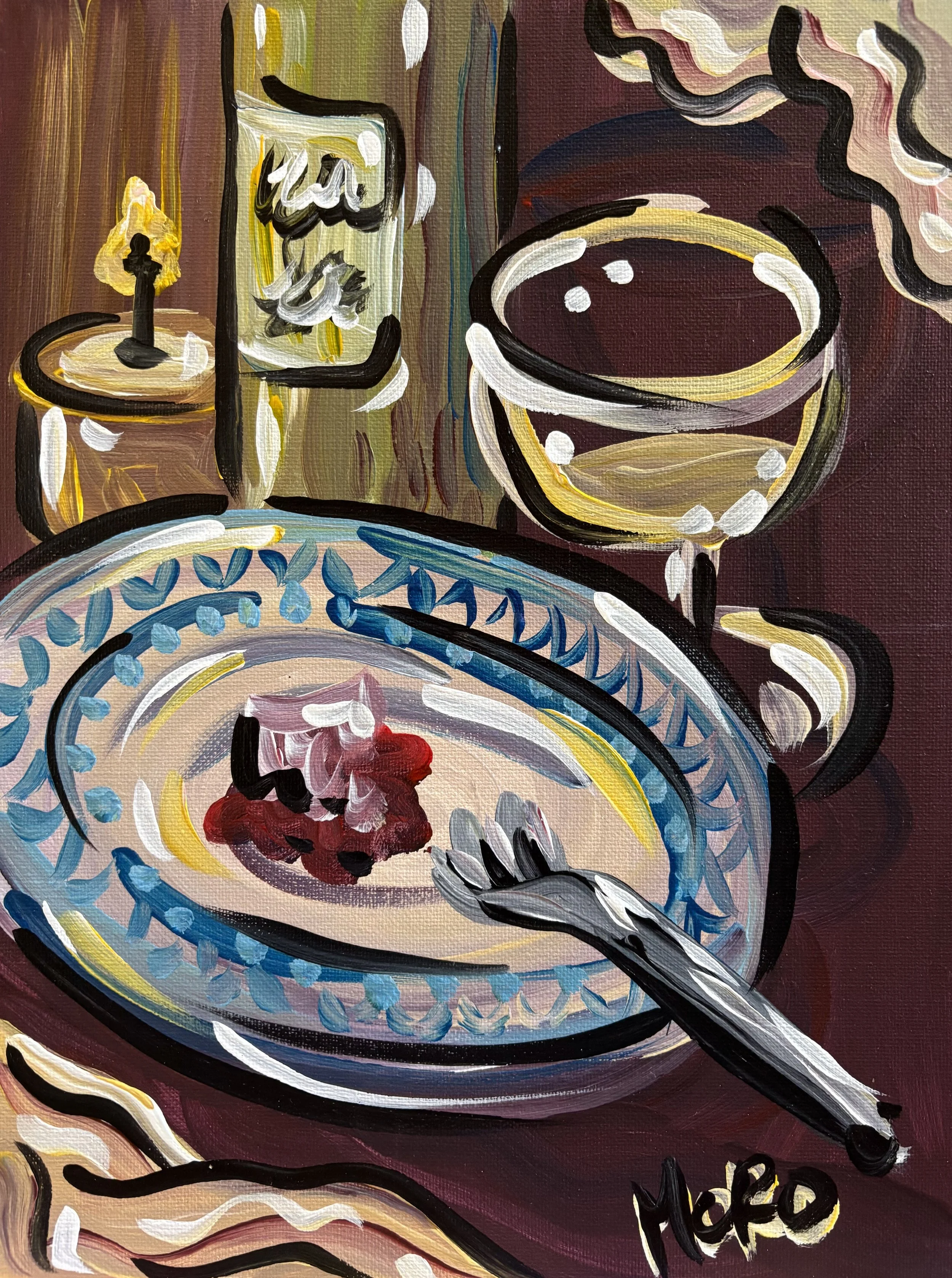 SOLD Appeteasers, 9x12", acrylic on canvas panel, 2026, $150, framed to 12x16"
