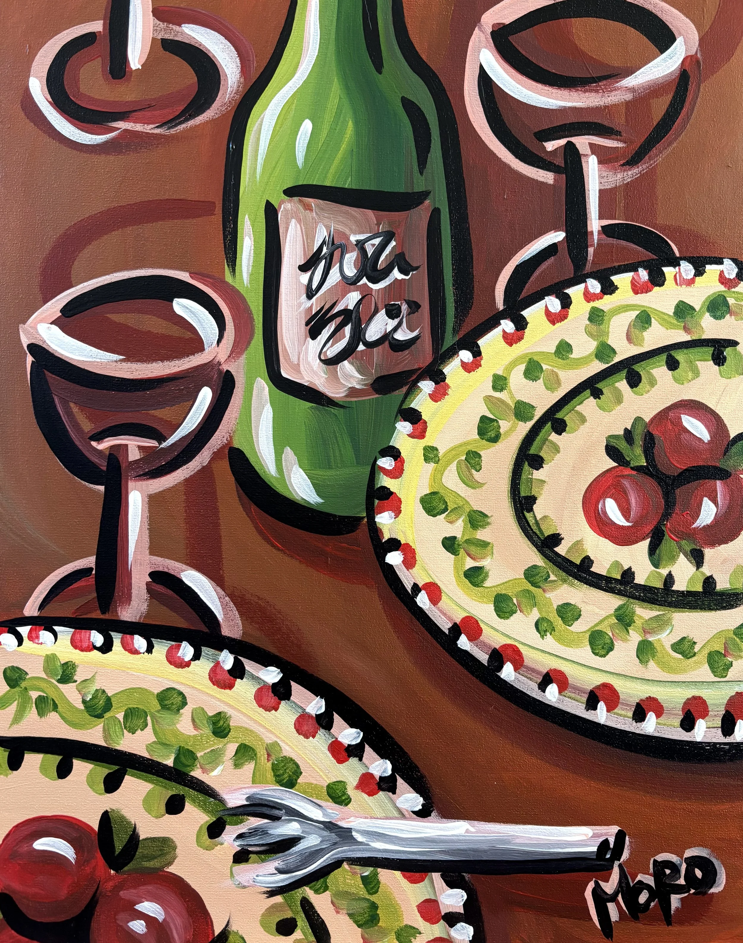 Bust Out the Tomato Plates, 11x14", acrylic on canvas panel, 2026, $275 framed, framed to 16x20"