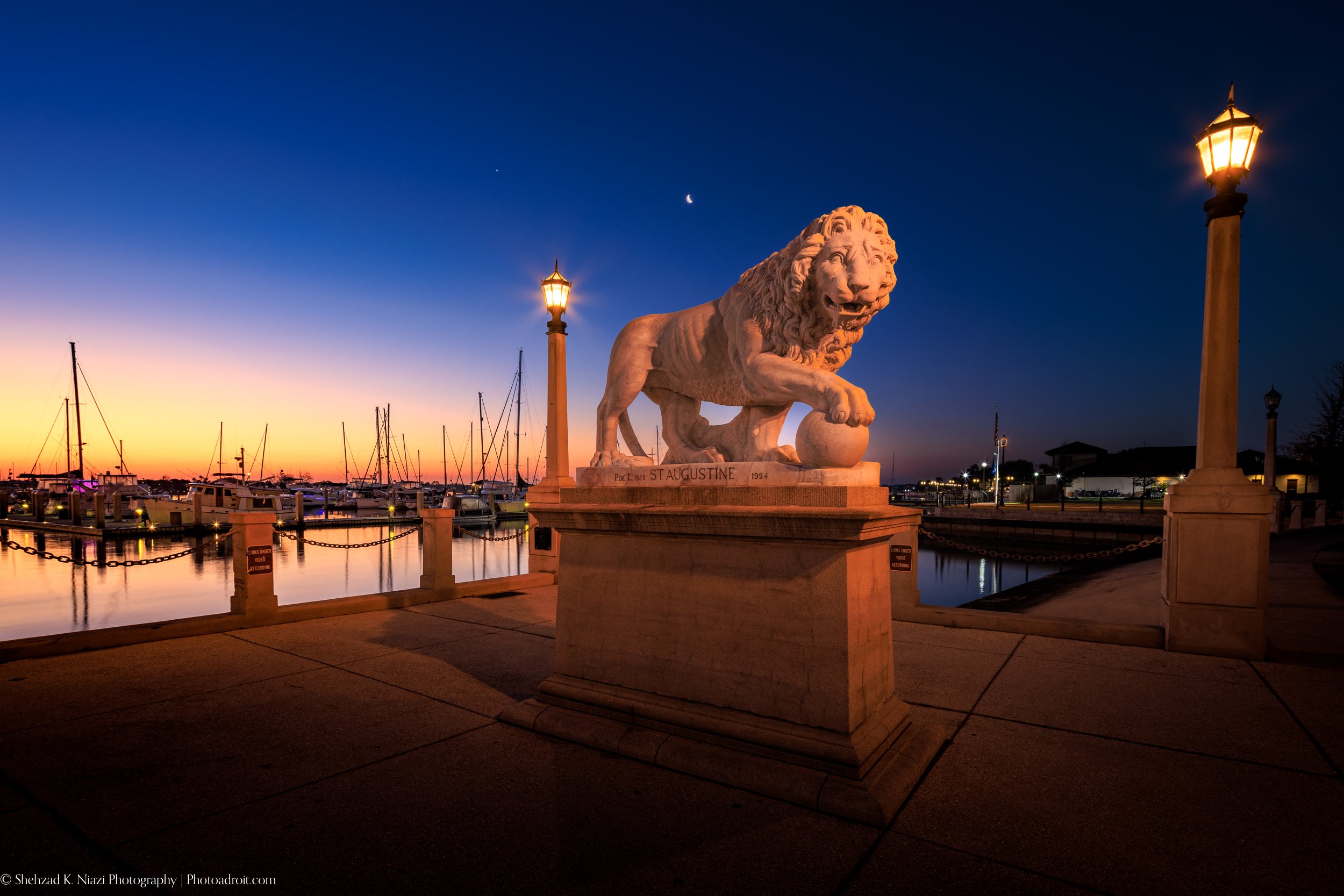 Crescent Moon Over the Lion at the Bridge of Lions at Blue Hour.jpg