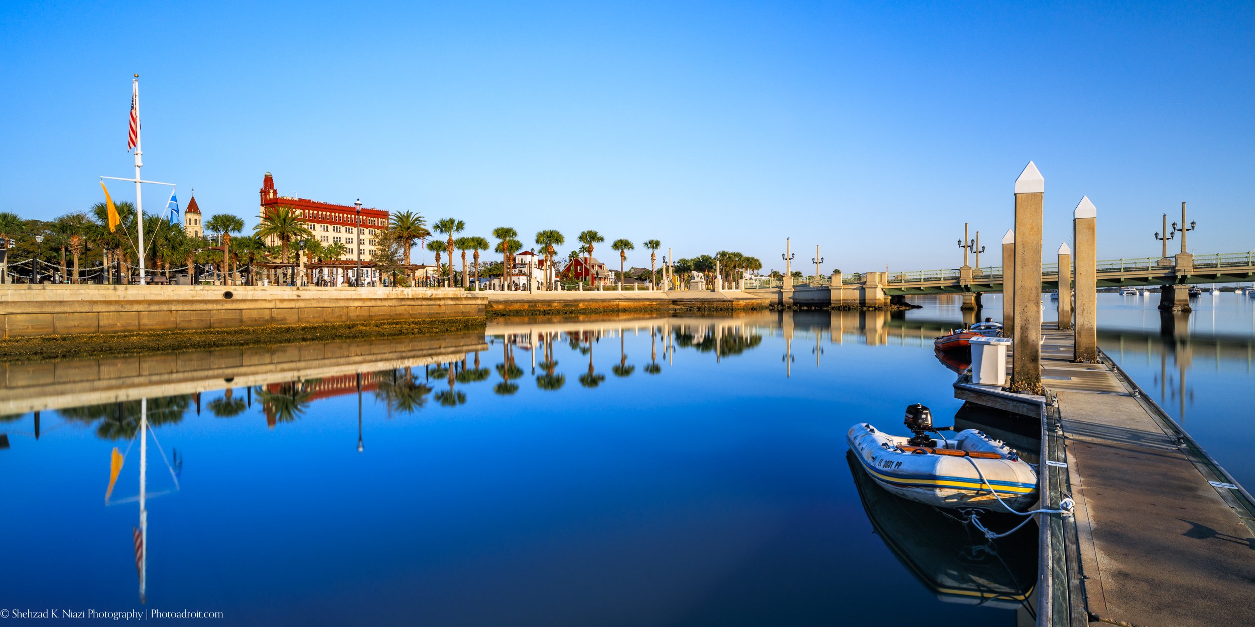 Inflatable boat in St Augustine Marina and downtown 6x12 Panorama.jpg