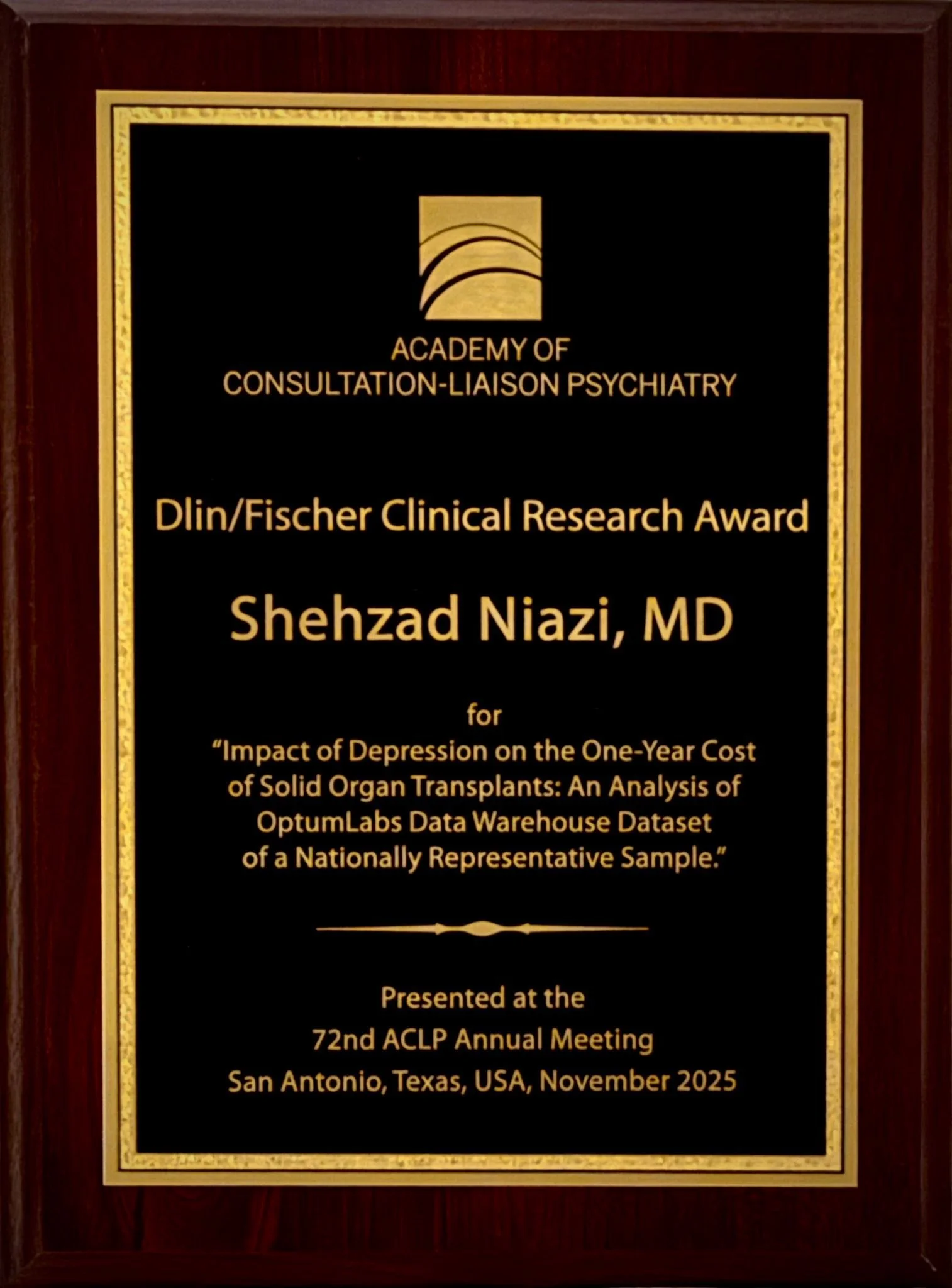 Our team&rsquo;s work won the Academy of Consultation and Liaison Psychiatry(ACLP)&rsquo;s prestigious 2025 Dlin/Fischer Award for significant achievement in clinical research and the best paper. 

We analyzed a cohort of 4,437 transplant recipients 