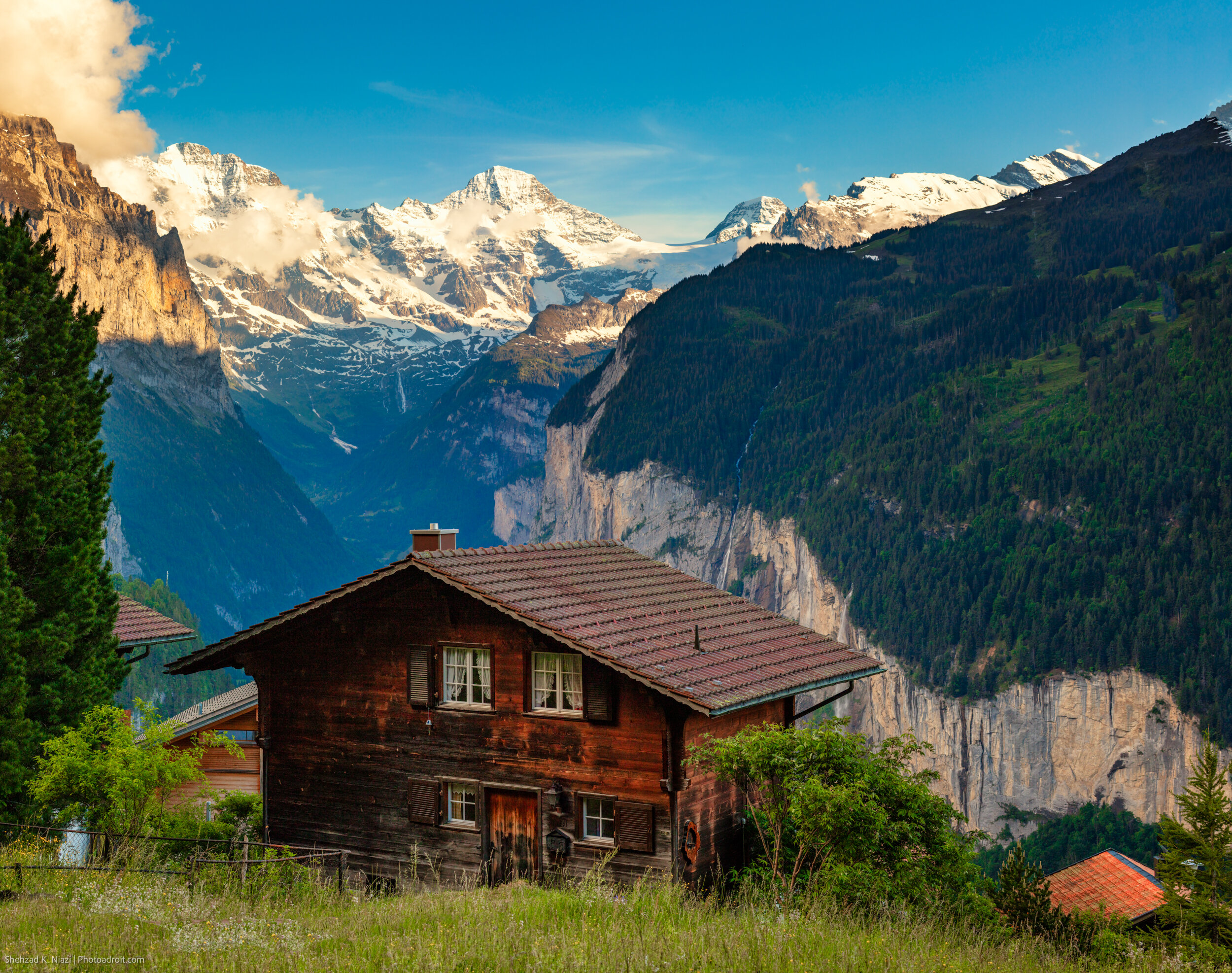 Wengen, Switzerland Sunset. Panorama of two images.