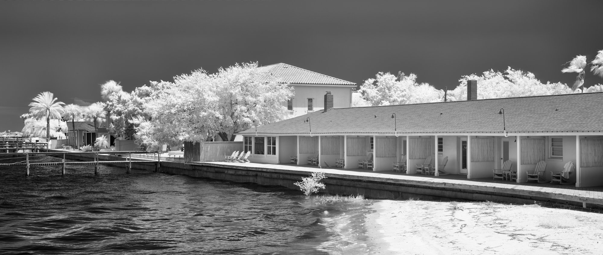 B&W infrared photo of Edgewater Inn St Augustine showing luminous Wood Effect foliage against dark water.