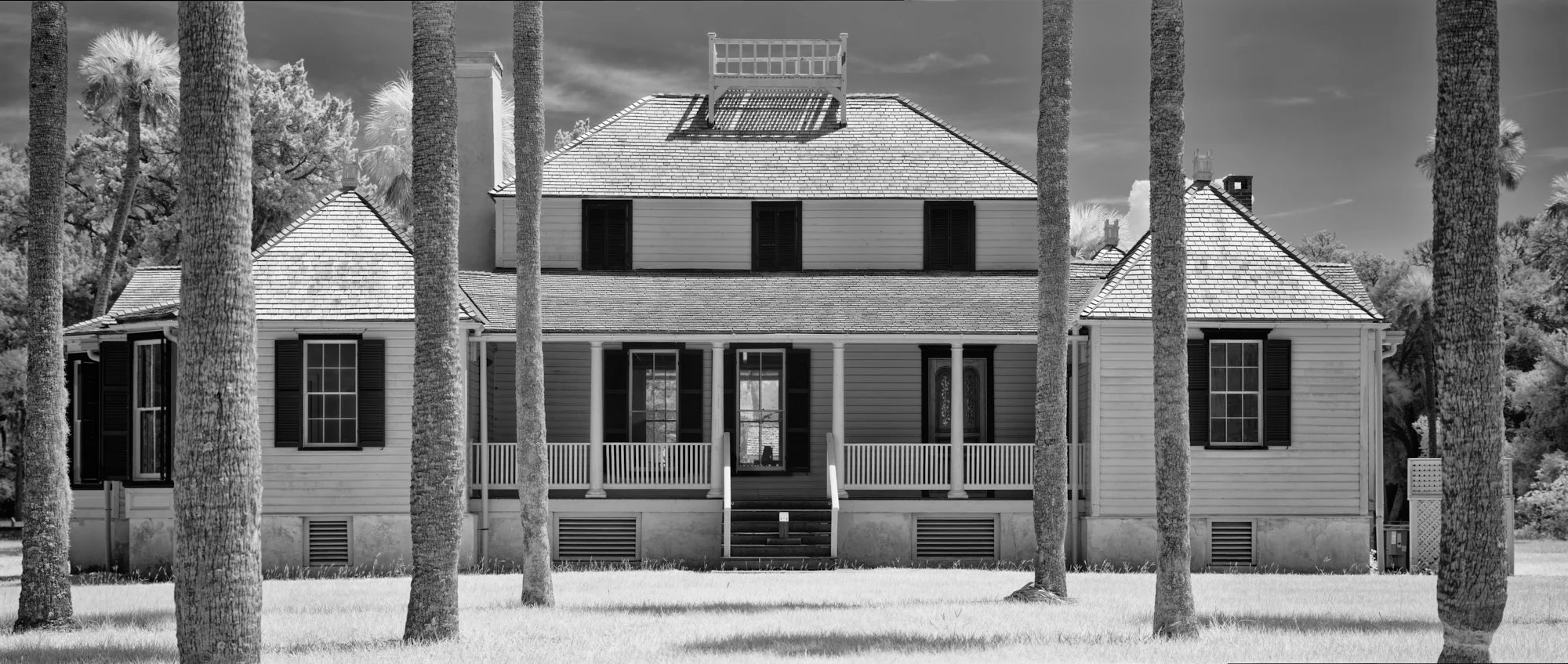 Infrared Kingsley Plantation house behind tall palms and moss-draped cedars, Florida. Phase One Achromatic