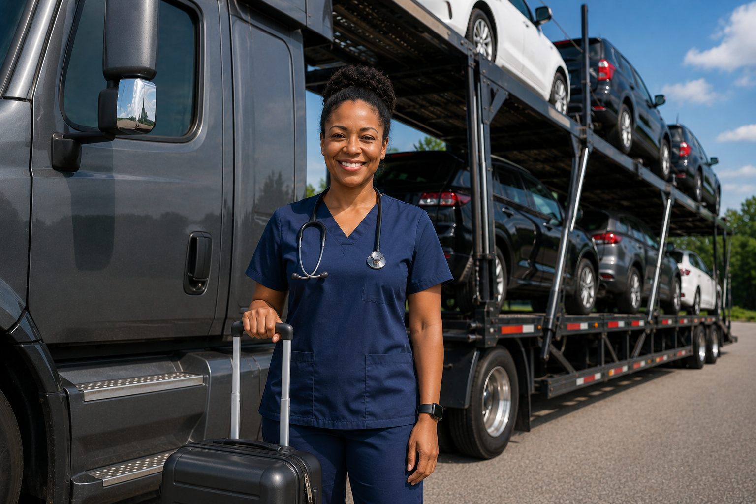 A  Travel nurse or Travel medical professional smiling, standing in front of a car carrier truck filled with cars, holding a small rolling suitcase, moving car to next assignment