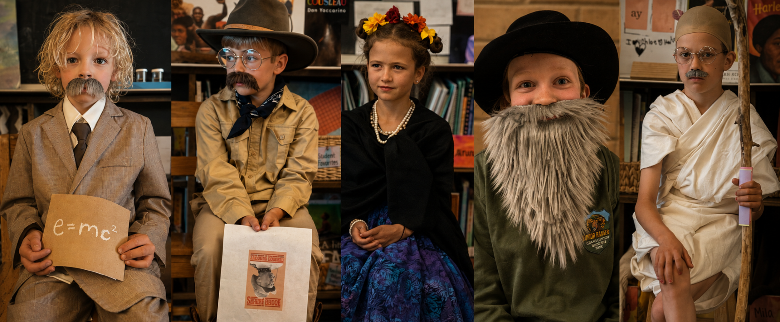 BCSIS elementary students dressed in costume for a classroom character study.