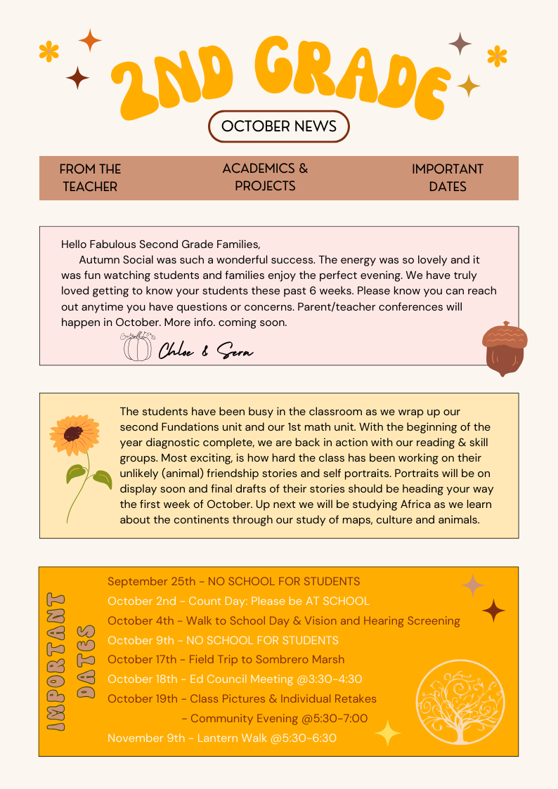 Second grade October newsletter with sections on teacher messages, academic projects, important dates, and school events, featuring fall-themed decorations.