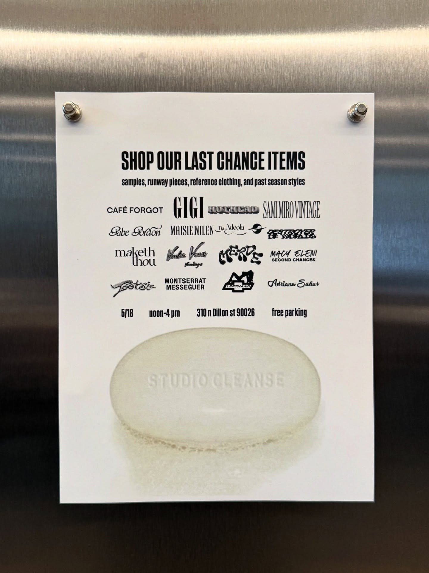 STUDIO CLEANSE 🫧 Los Angeles, save the date! Your fave brands are getting together for you to shop unique pieces at a discounted price! 

☆ Sunday May 18th
☆ Noon - 4pm 
☆ 310 N Dillon St 
☆ Free Parking 

See you there!!!