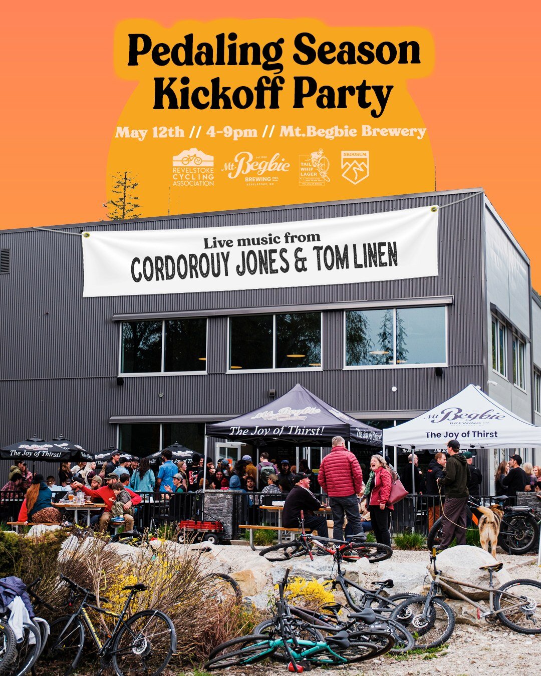 Join us for the Pedaling Season Kickoff Party, presented by @mtbegbiebeer and @skookum.revelstoke this Friday, May 12. Enjoy some games, live music by Corduroy Jones &amp; Tom Linen, and, of course, a tasty Tail Whip helles lager.

What is the Tail W