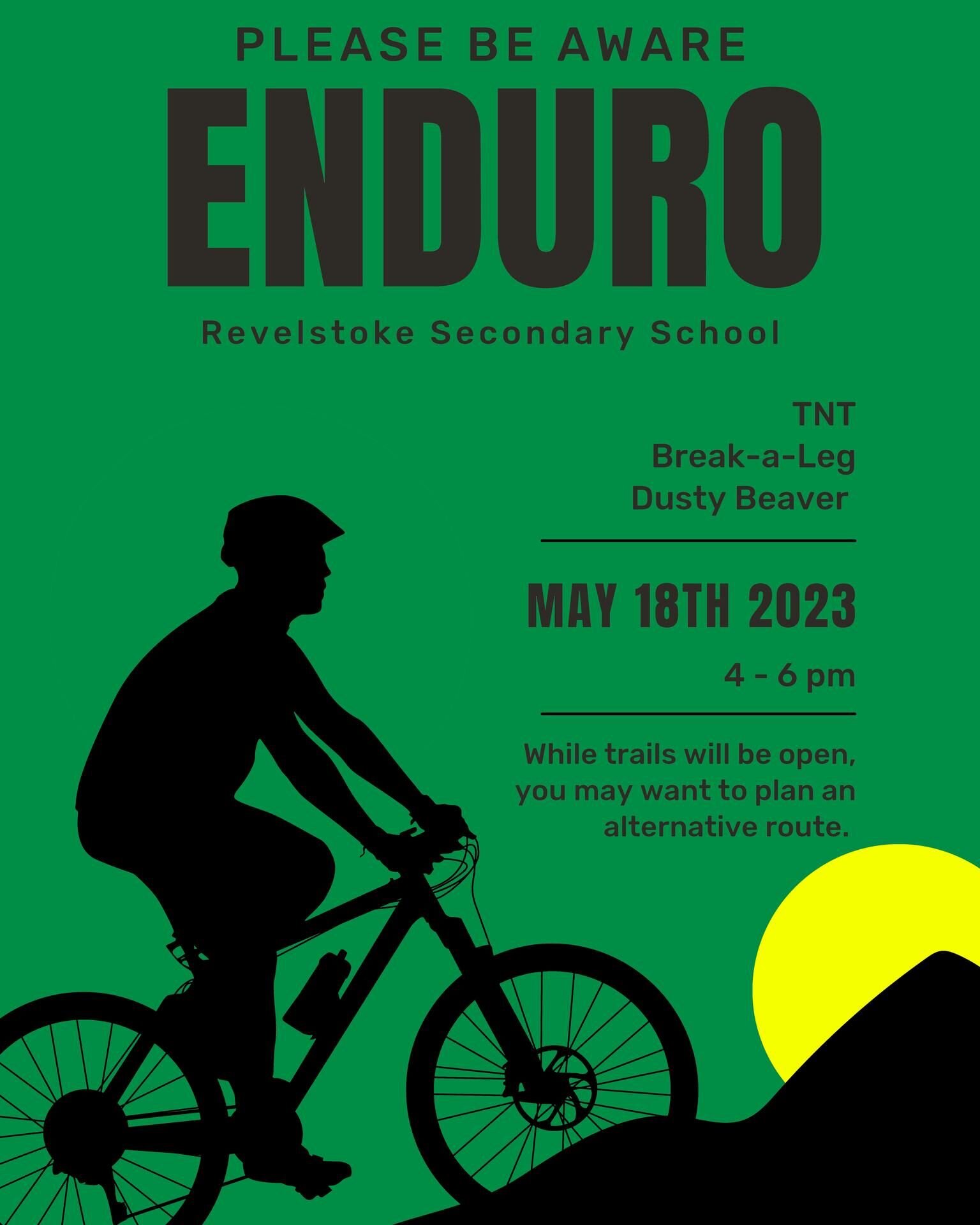 RACE NOTICE:
Revelstoke Secondary School is hosting a high school enduro race at Mount Macpherson this Thursday, May 18, from 4-6 p.m. They will be racing on TNT, Break-a-Leg, and Dusty Beaver. While the trails will remain open to the public, we reco