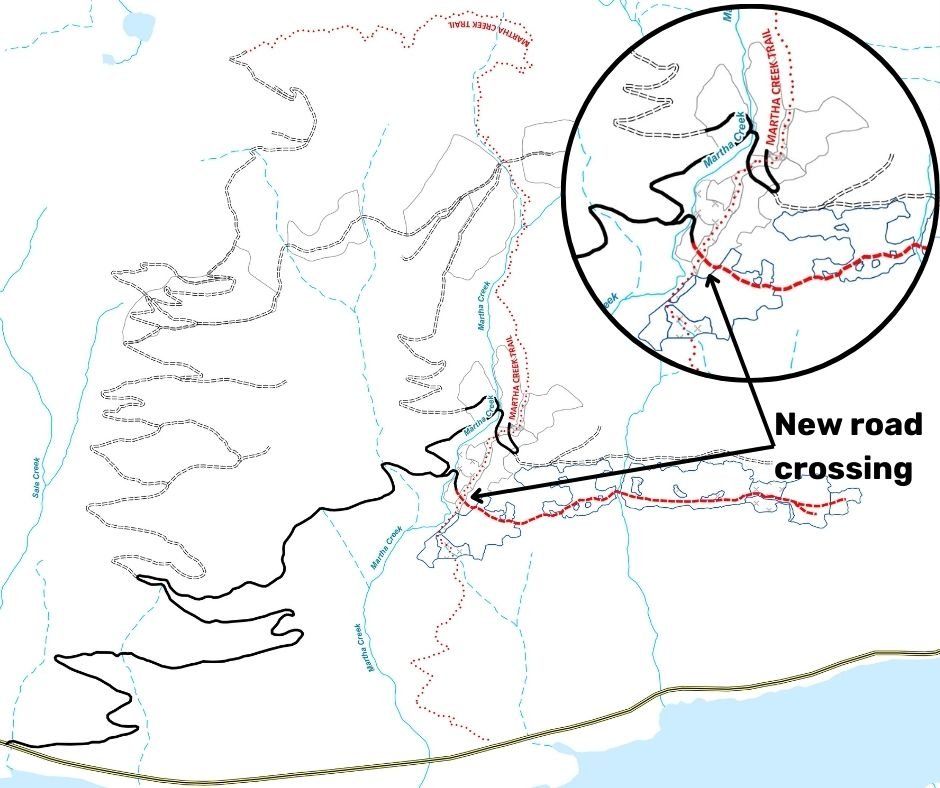 HEADS UP: If you&rsquo;re riding Martha Creek, you should be aware there&rsquo;s a new road crossing the trail, as indicate on the map above. We&rsquo;ve been advised by Downie Timber that no harvesting is taking place at this time, but riders should
