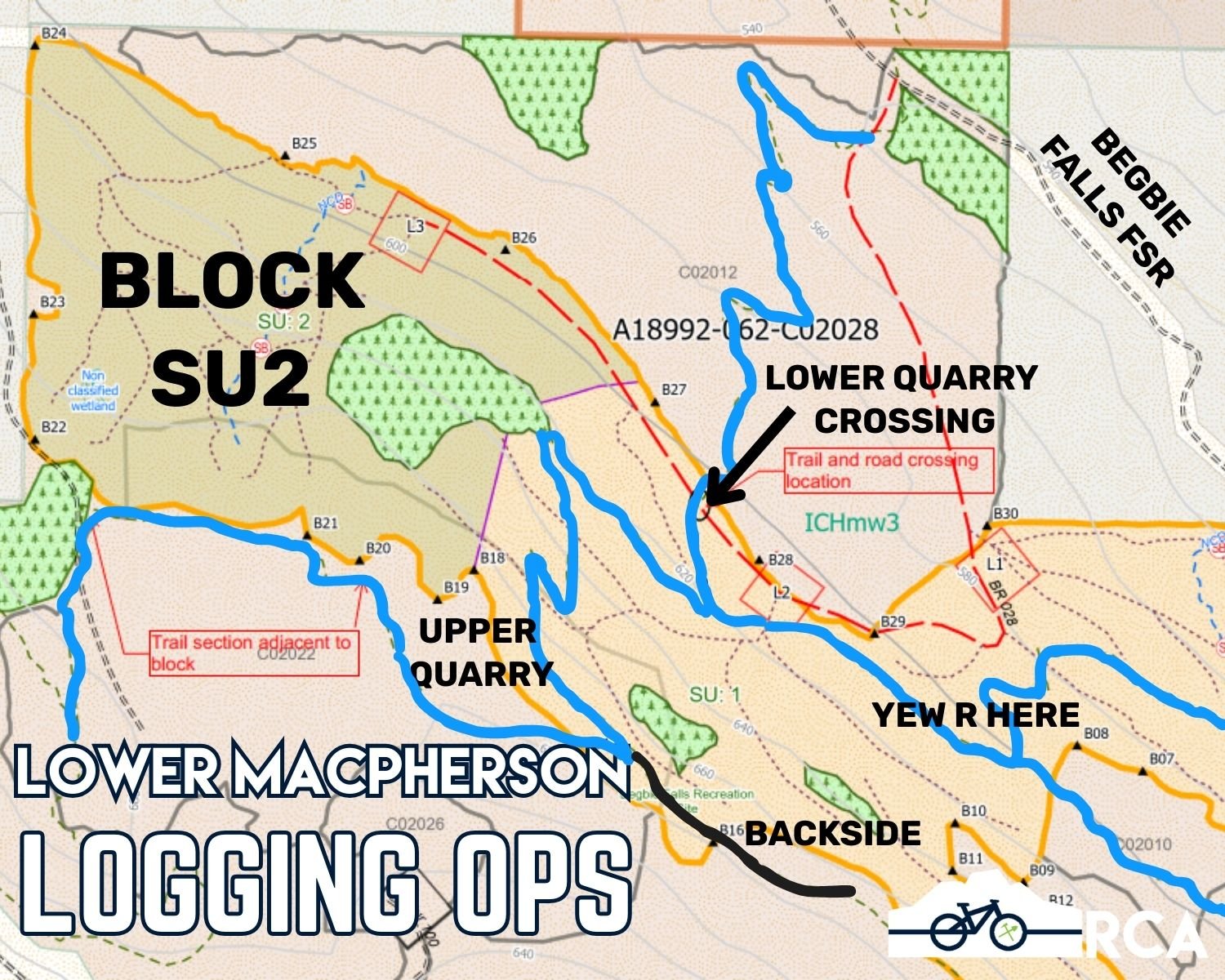Stella-Jones will be recommencing logging operations in the area of Lower Macpherson this Friday, May 9. Logging will take place in the area labelled Block SU2 on the map. While this area does not overlap any of our trails, you can expect logging nea