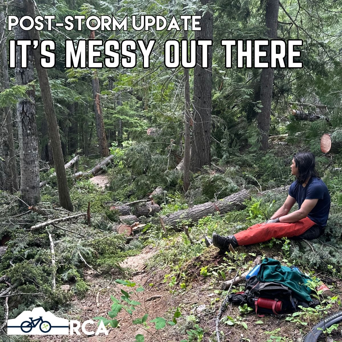 We had an intense storm blow through town on Saturday and cause a huge mess on our trail networks that will take a while to clean up. Here's what you need to know as of Monday at 3 pm.

The damage:
⛏ We received reports of trees down on most of our t