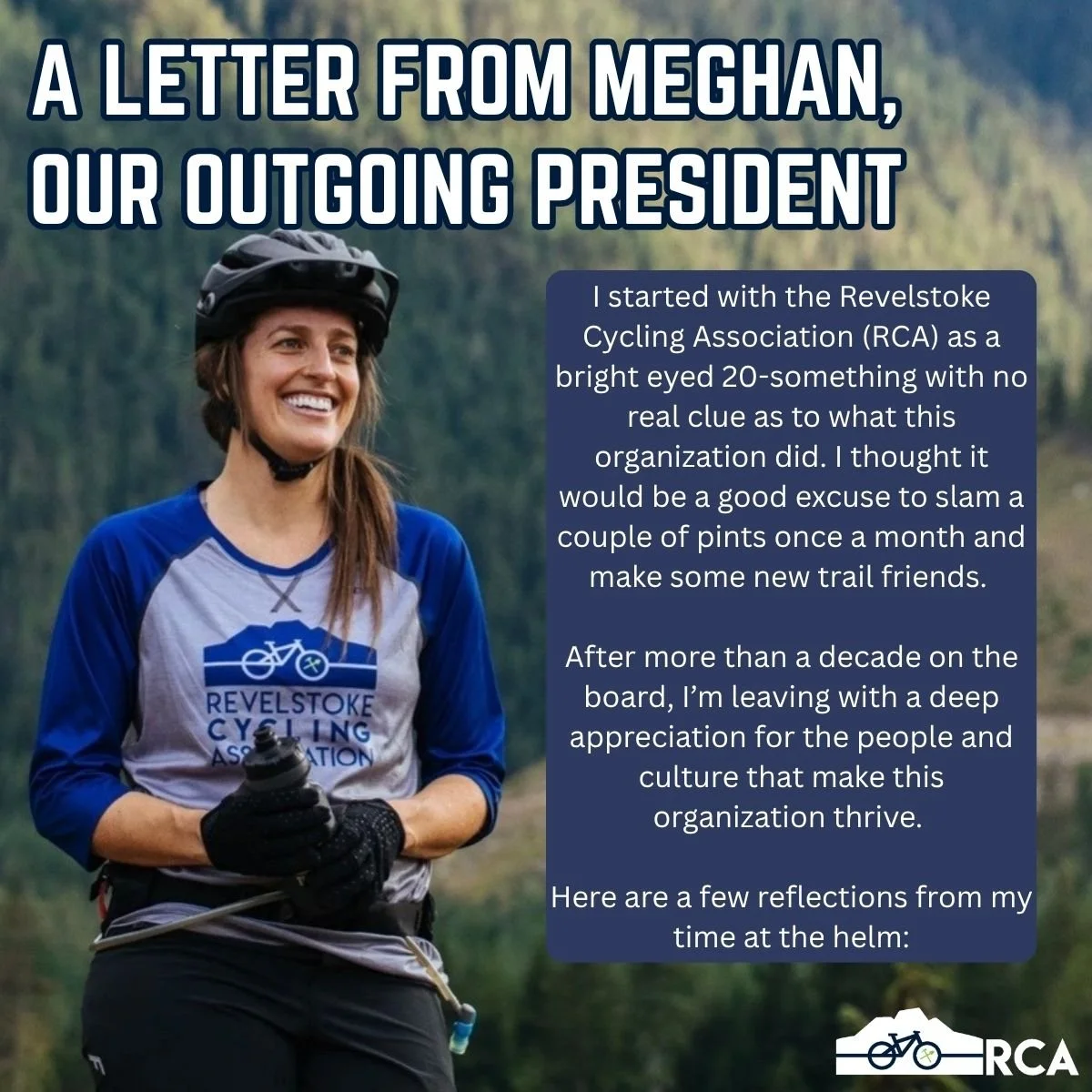 On Wednesday, we passed the torch at our AGM to a new President. Meghan Tabor has stepped down after 11 years on the RCA Board of Directors, including seven as President. She shared these thoughts on her time with the RCA:

"I started with the R