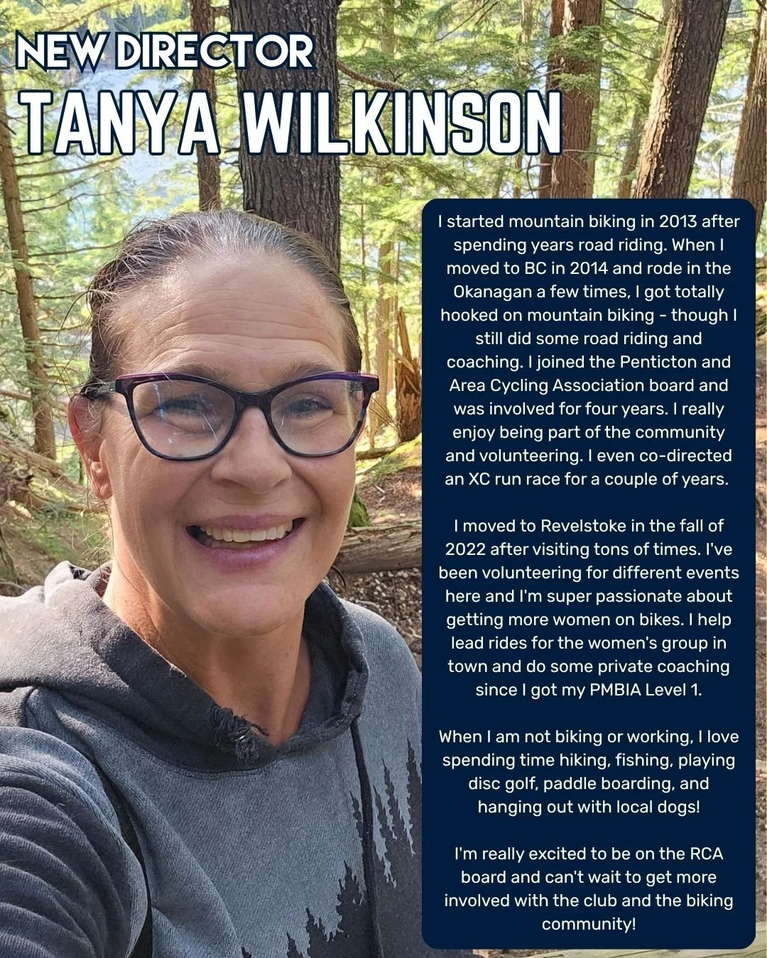 We'd like to welcome three new members to the RCA Board of Directors! 

Up first is Tanya Wilkinson, who will be part of our events team. You may recognize her as a friendly racer volunteer at last year's Iron Horse XC, as well as the Revy 50.

Here'