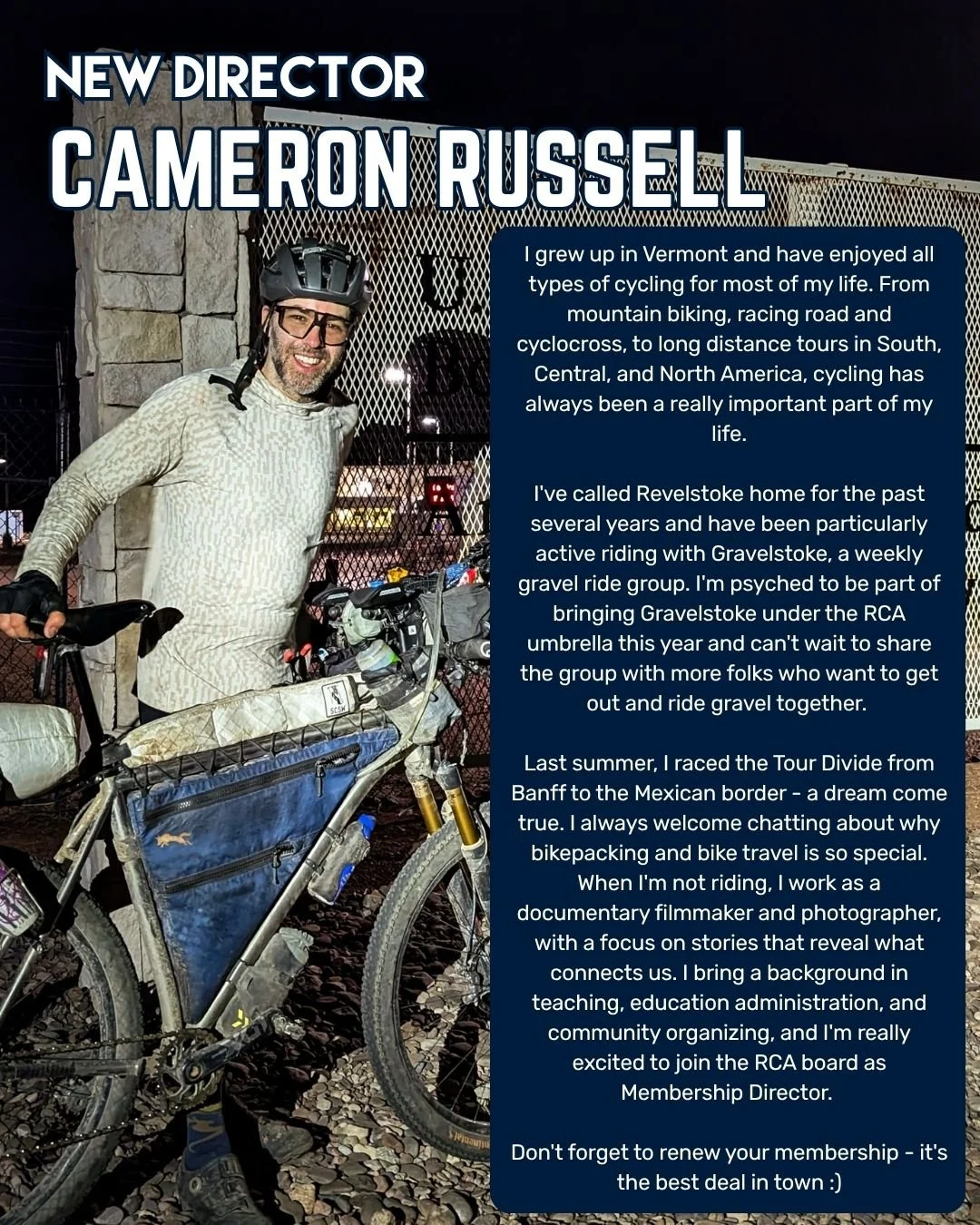 We'd like to welcome three new members to the RCA Board of Directors! 

Up next is Cameron Russell, who is our new membership director. He brings a background in photography, videography, teaching, political campaign management, and more to our board