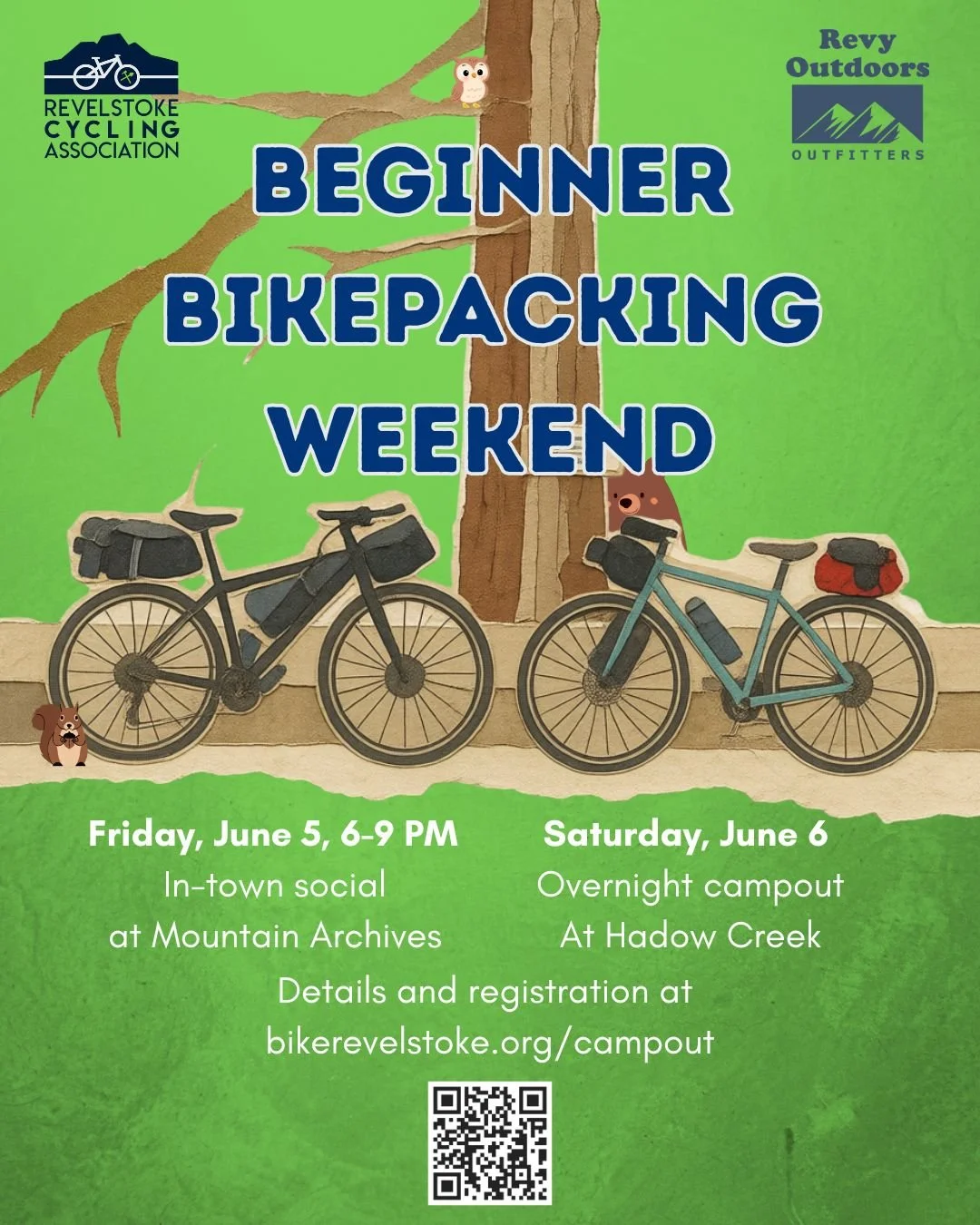 The Revelstoke Cycling Association and @revy.outdoors are hosting our first ever bikepacking event the weekend of June 5-7, with an in-town social followed by an overnight campout. It is designed to be a low-key, beginner-friendly trip to help people