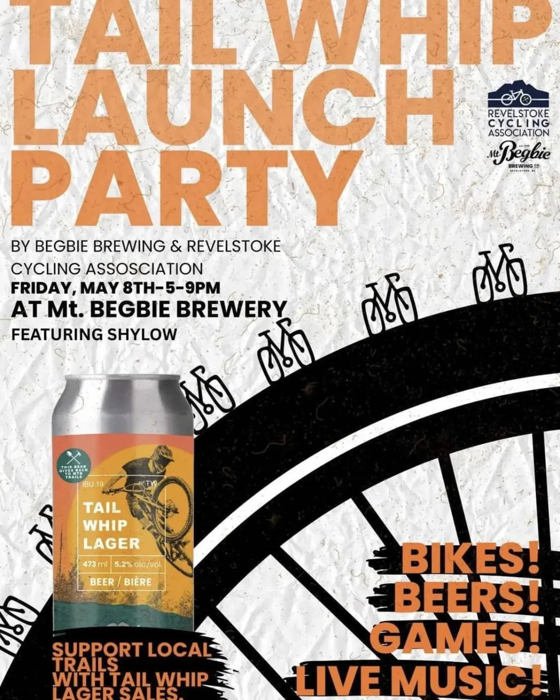 Our annual fundraiser at Mt. Begbie Brewing takes place this Friday!

Come on up to the brewery for some beers, bike games, and music from DJ Shylow. 

This event marks the launch of Mt. Begbie Brewing's seasonal Tail Whip lager. Part of the sales fr