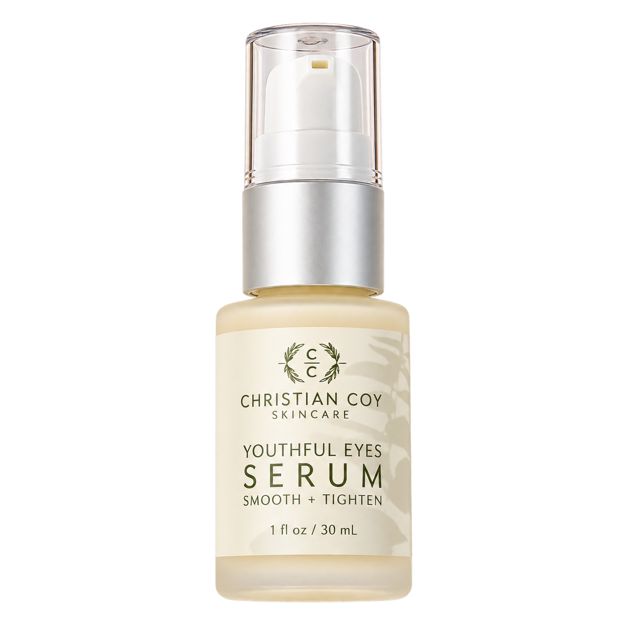 Christian Coy Youthful Eyes Serum in a frosted glass bottle with a silver airless pump and clear cap, photographed against a white background.