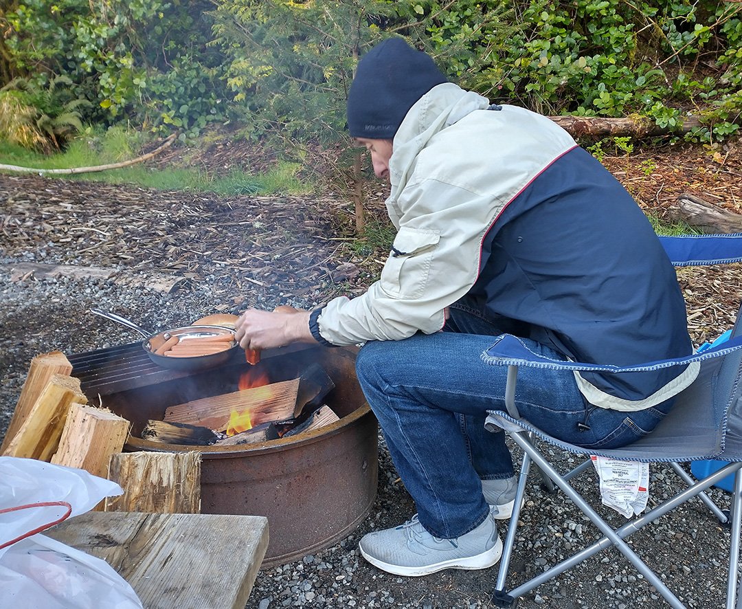  It was really cold and wet that day in Tofino. I learned that it takes a lot of firestarter and napkins to start a fire on wet ground with wet wood.  
