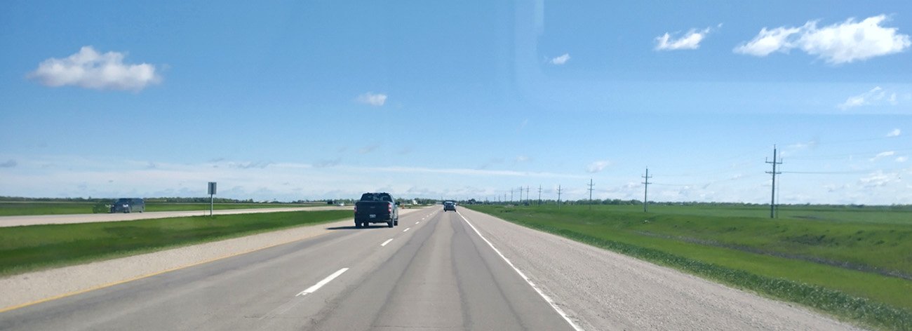 As you drive through the prairies the yellow grass gradually becomes green. 