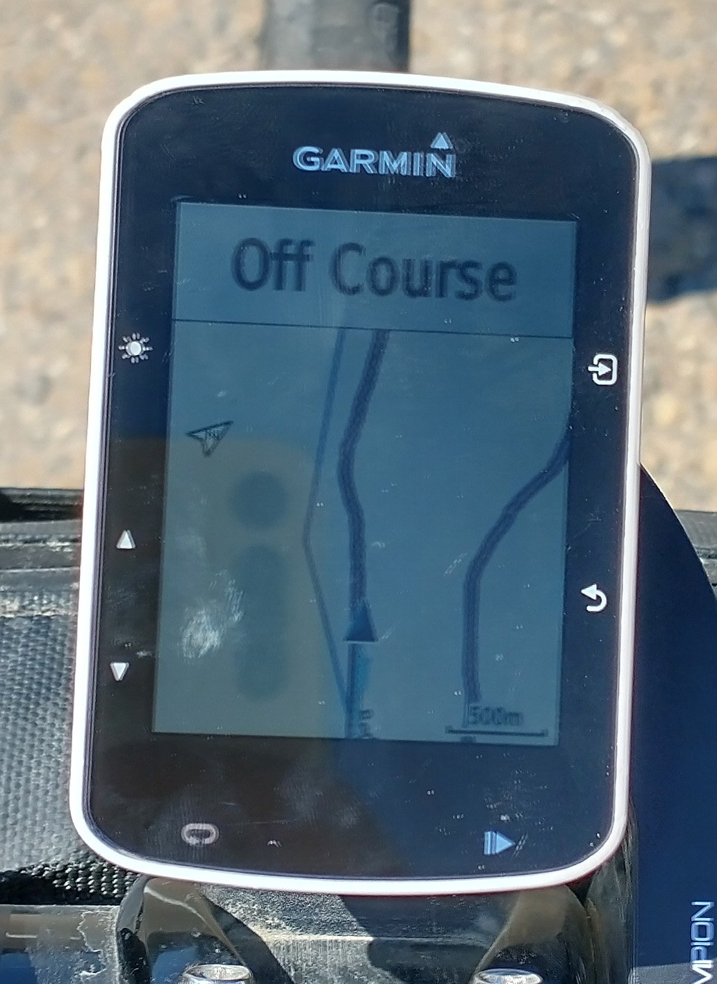 Garmin says "Off Course" instead of "Wrong Direction" if you choose to go clockwise instead of counterclockwise. It will say this the entire time. Good work.