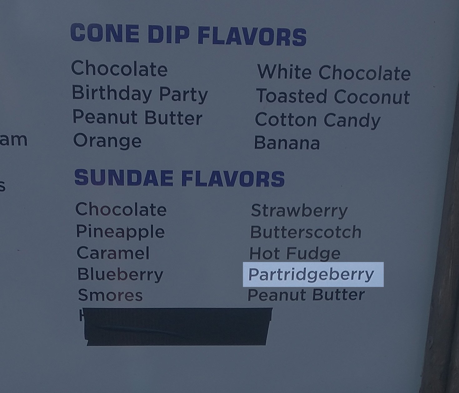 Nearby there's a little dairy bar that had partridgeberry Sundays. But it was a lie, they were all out.