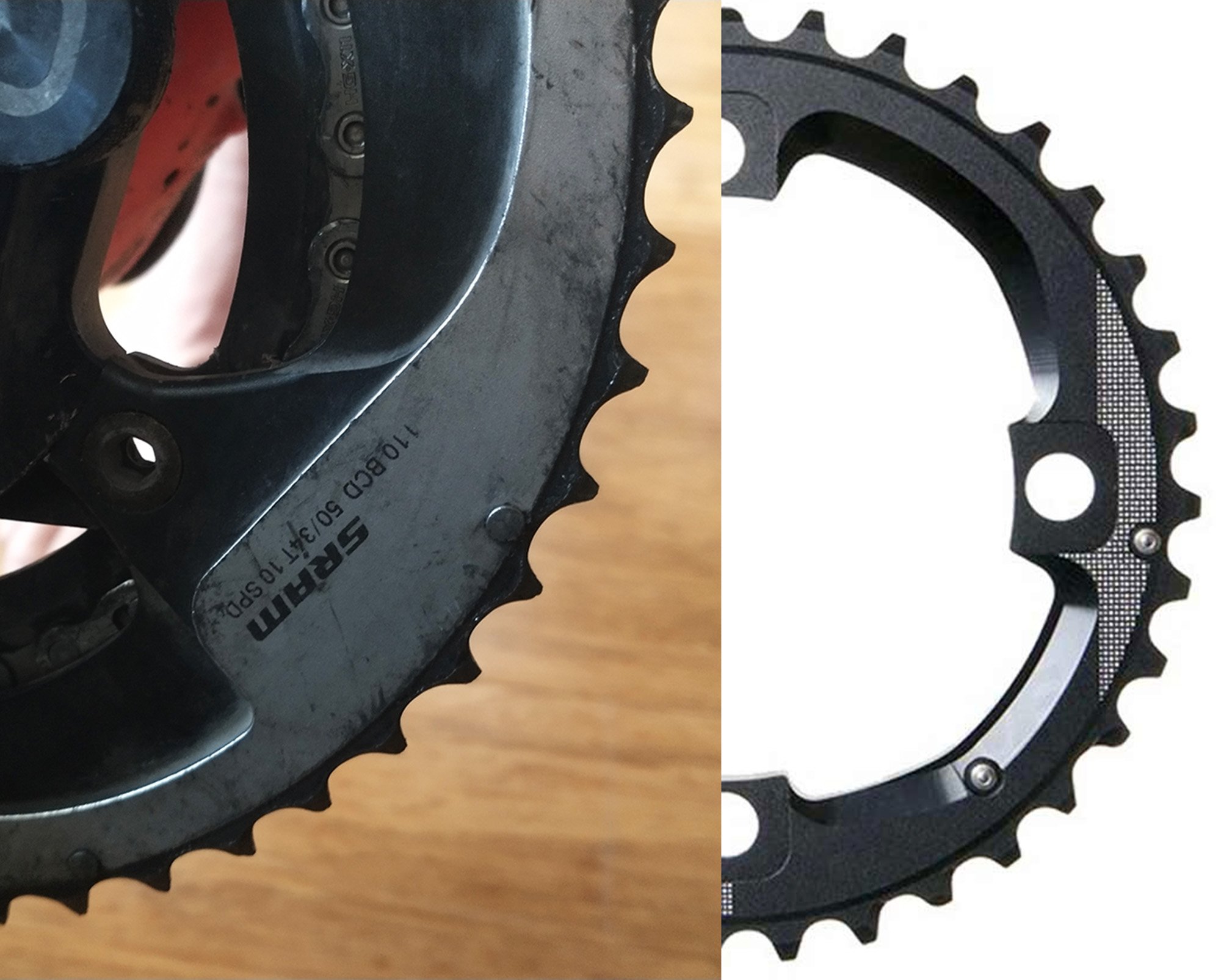 Montreal repair. That chainring was done. Look at the difference in the teeth on mine (left) and a new one. 