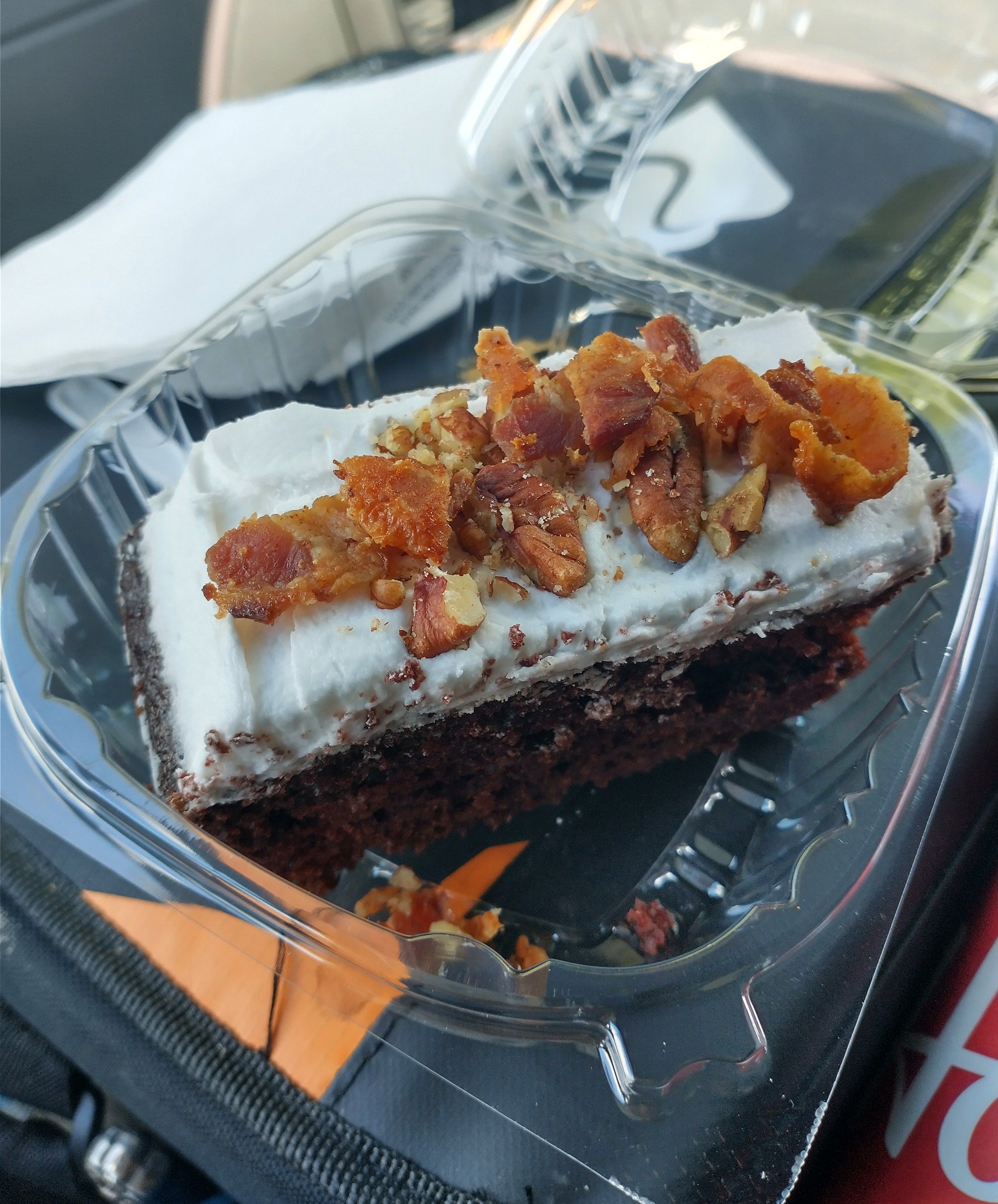 Back at the bakery I got myself this bacon-covered brownie. Whatever happened to bacon after the early 2000s? Why did we abandon that fad? Bring it back.