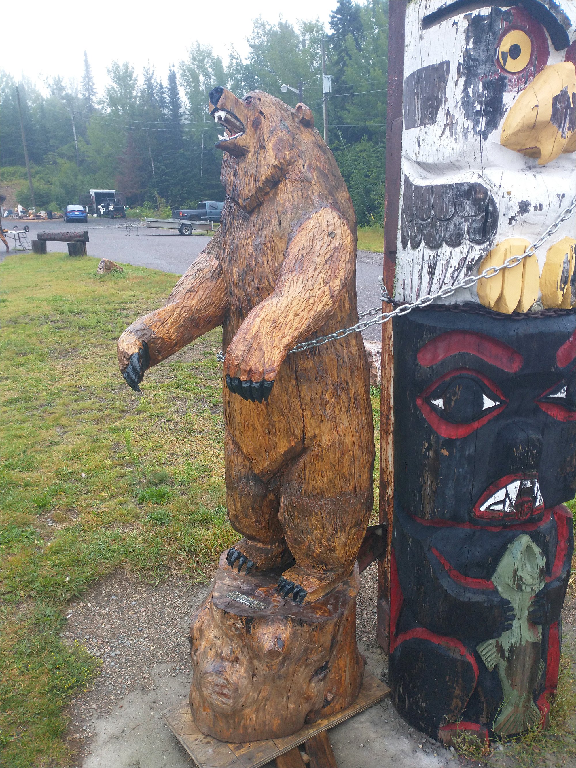 Activist bear chaining himself to the totem so loggers can't cut it down. Get a job hippie.