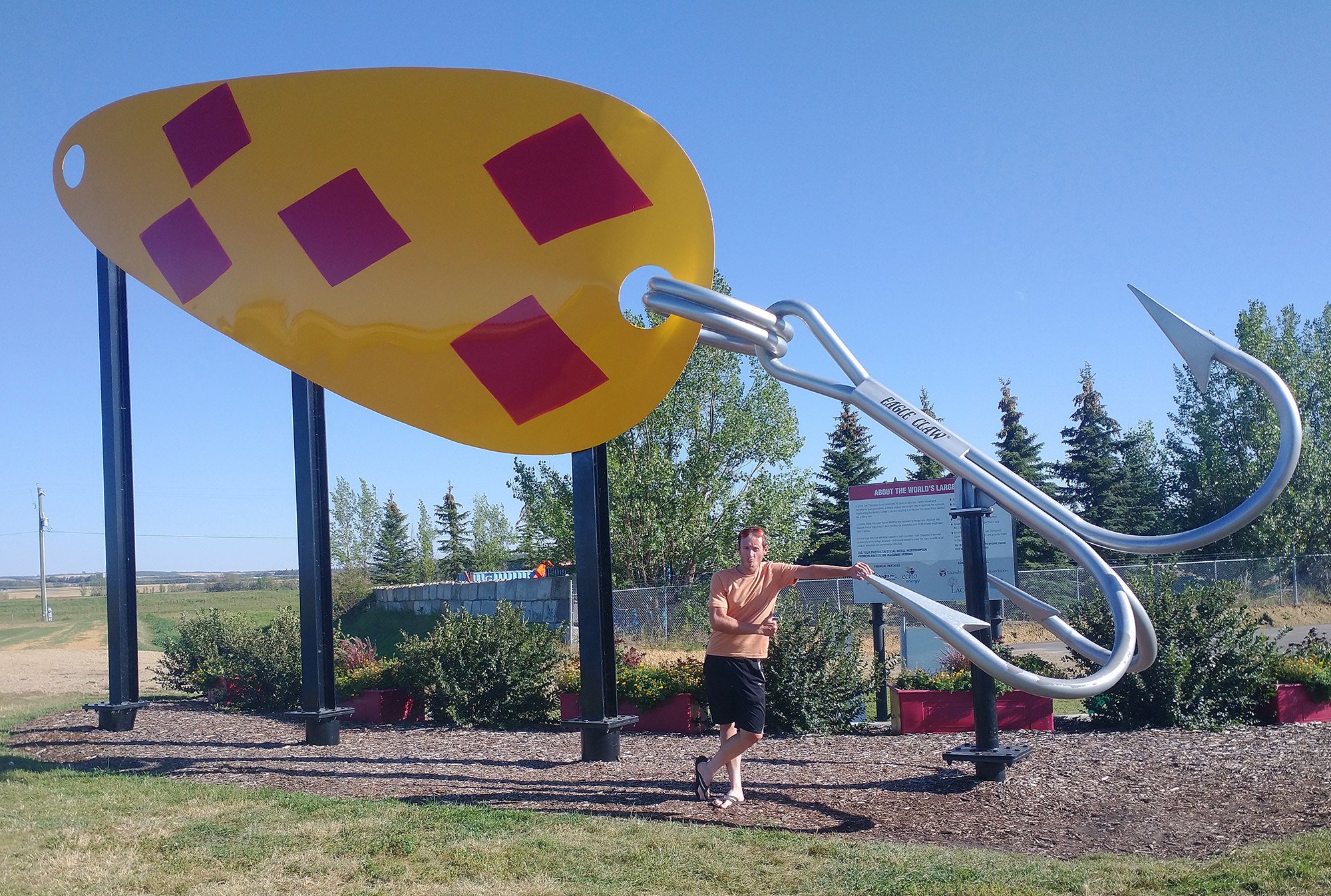 Biggest Fishing Lure, in Lacombe, AB. That one's nice and pristine, not rubbed to nothing by tourists.