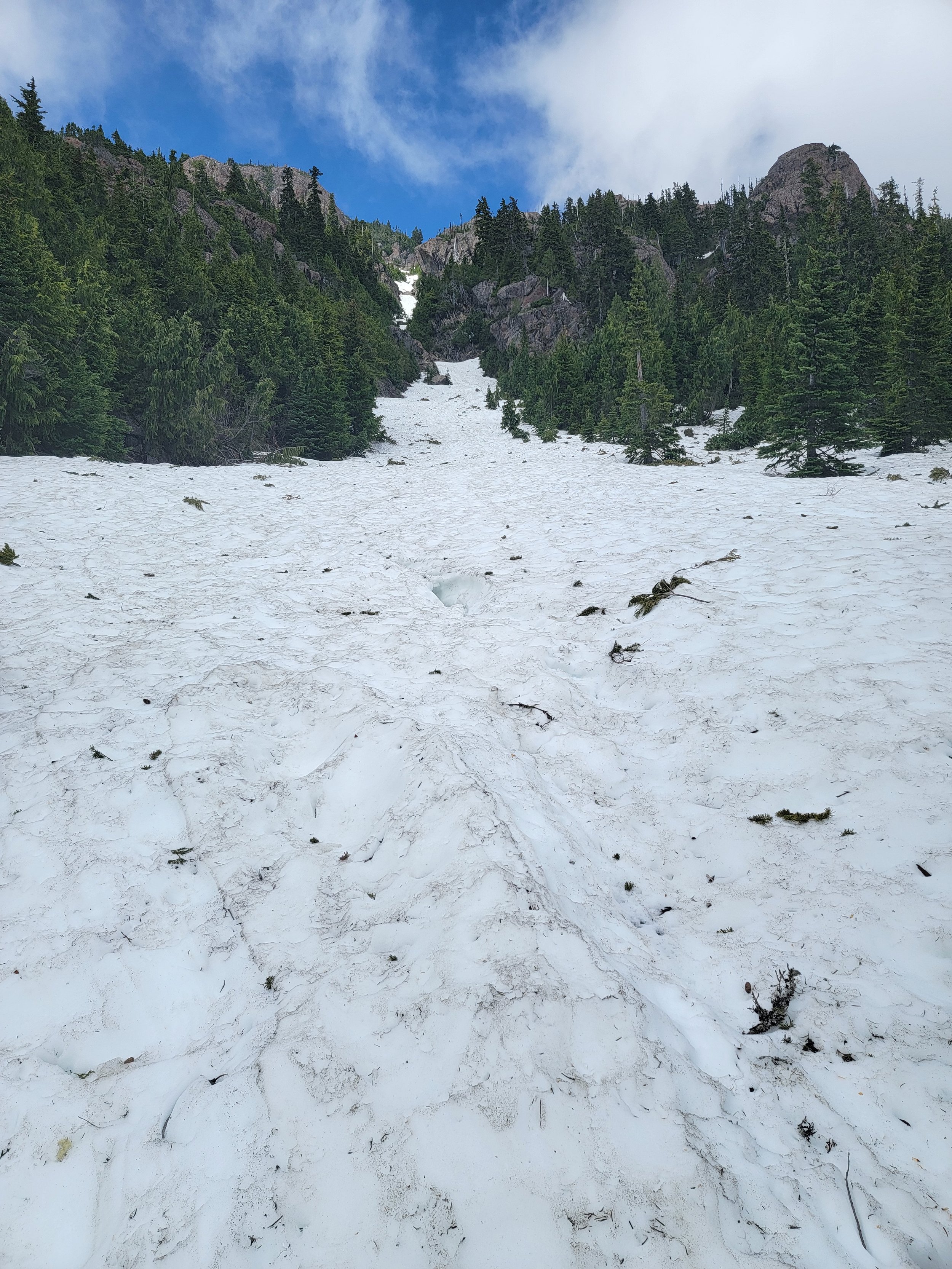  That’s the top there, about half a mile up. At this point it was really steep and the trail was just pure snow going over a rushing river. Since I was just wearing a t-shirt and shorts, didn’t really feel like falling into random icy streams as I st