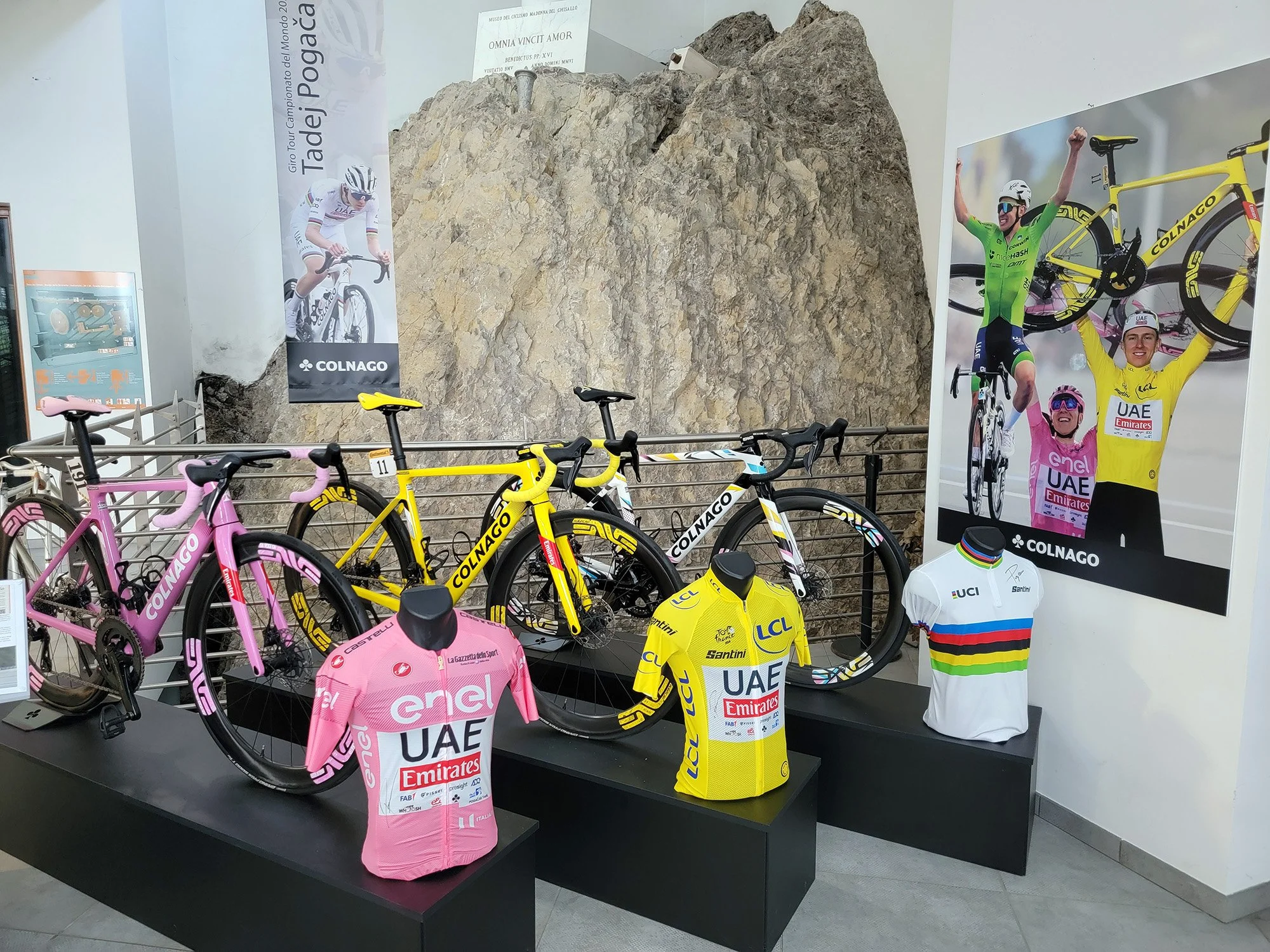 Bikes and jerseys of Pogacar, the current best rider in the world ( by a lot )