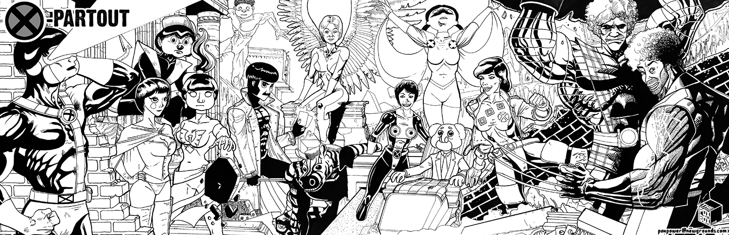 Center page drawing featuring the characters of a French-Canadian kid's show as The X-Men.