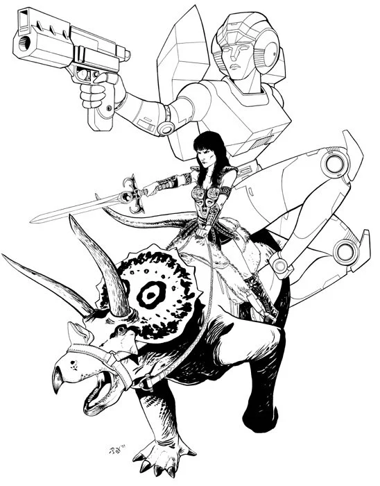 Xena and Arcee riding a triceratops. No big deal.