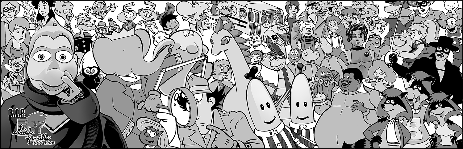 Contribution for ex student's comicbook. These were the center pages. Cartoon characters from the 80s and 90s as featured on a Quebec kids channel. 