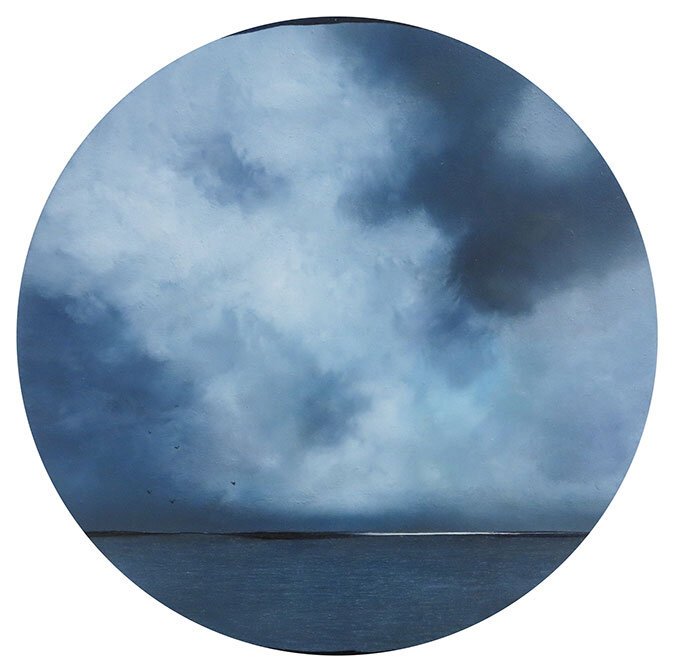 Dramatic Clouds Ten, Oil, Moulding Paste and Pumice on Linen, 2019, 40 cm across