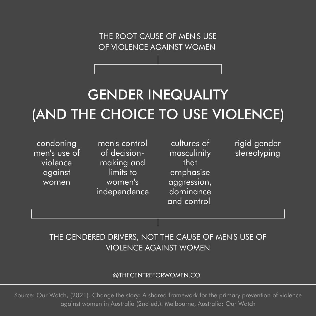 The root cause of men's use of violence against women is gender inequality. Whilst there are gendered drivers that influence the severity and rates of violence, these do not actually cause men's use of violence against women. 

Men's use of violence 